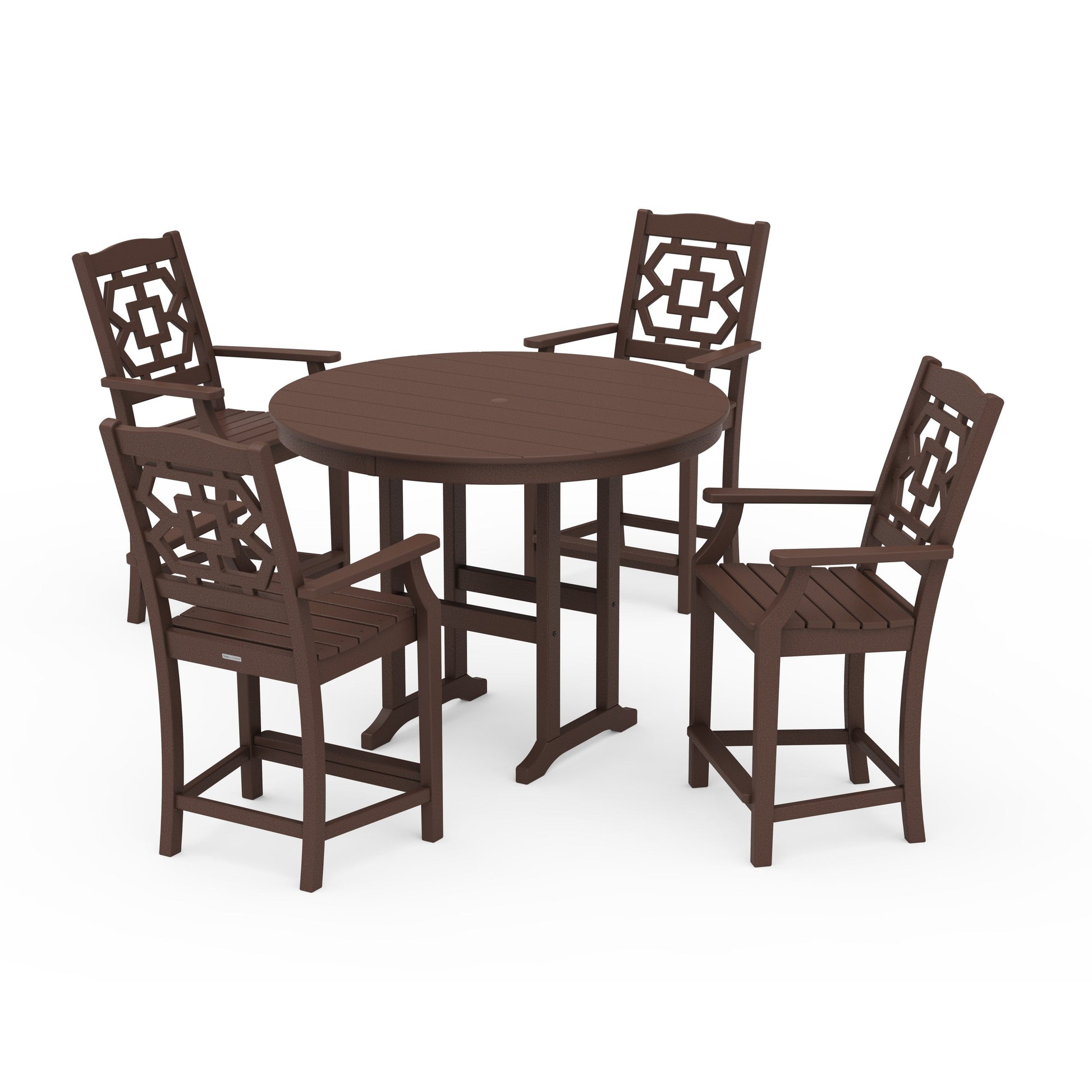 POLYWOOD Chinoiserie 5-Piece Round Farmhouse Counter Set — Mahogany