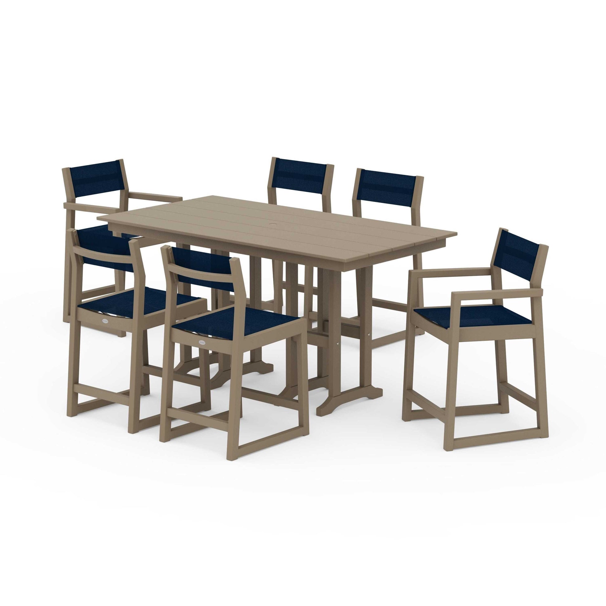 POLYWOOD EDGE Sling 7-Piece Farmhouse Counter Set with Trestle Legs — Vintage Sahara / Navy Blue Sling
