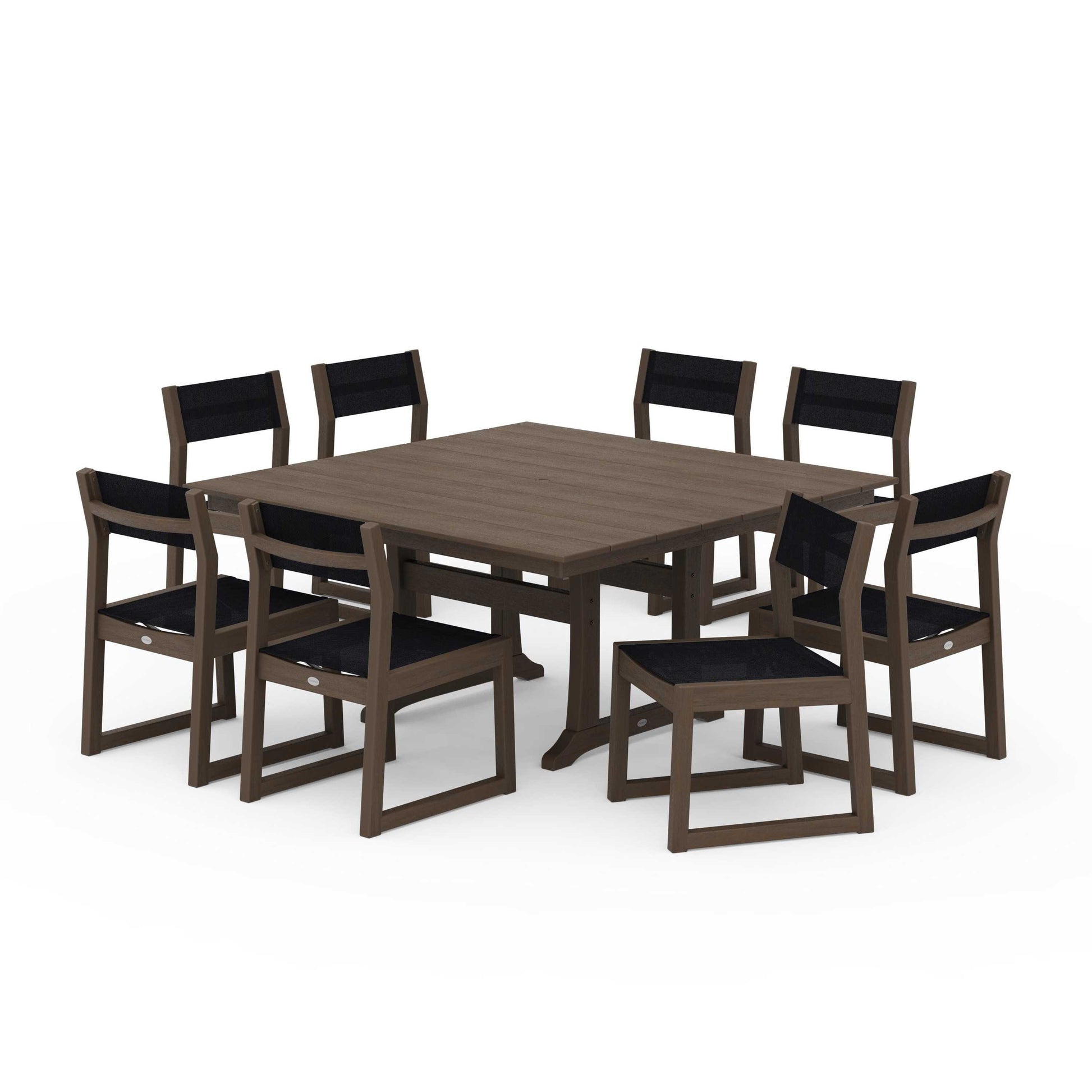 POLYWOOD EDGE Sling Side Chair 9-Piece Farmhouse Trestle Dining Set — Kona / Black Sling