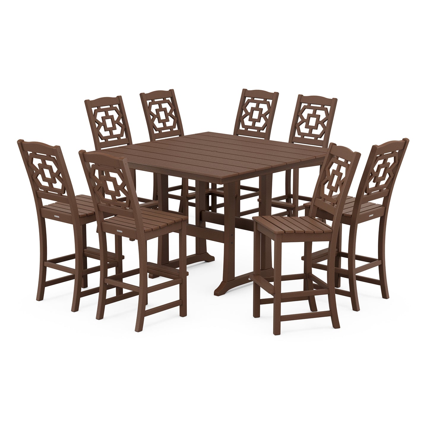 POLYWOOD Chinoiserie 9-Piece Square Farmhouse Side Chair Bar Set with Trestle Legs — Mahogany