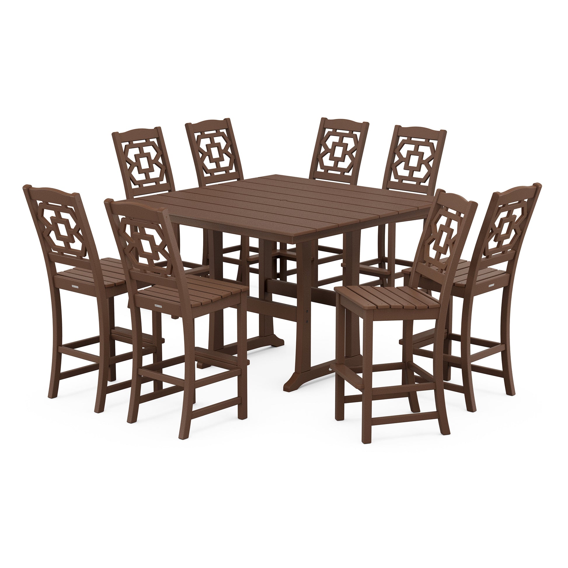 POLYWOOD Chinoiserie 9-Piece Square Farmhouse Side Chair Bar Set with Trestle Legs — Mahogany