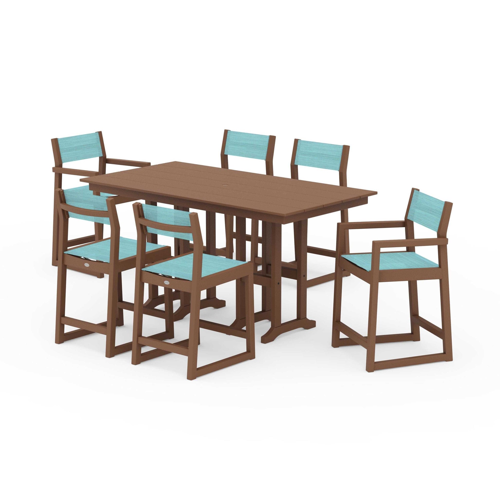 POLYWOOD EDGE Sling 7-Piece Farmhouse Counter Set with Trestle Legs — Teak / Dupioni Aquamarine Sling