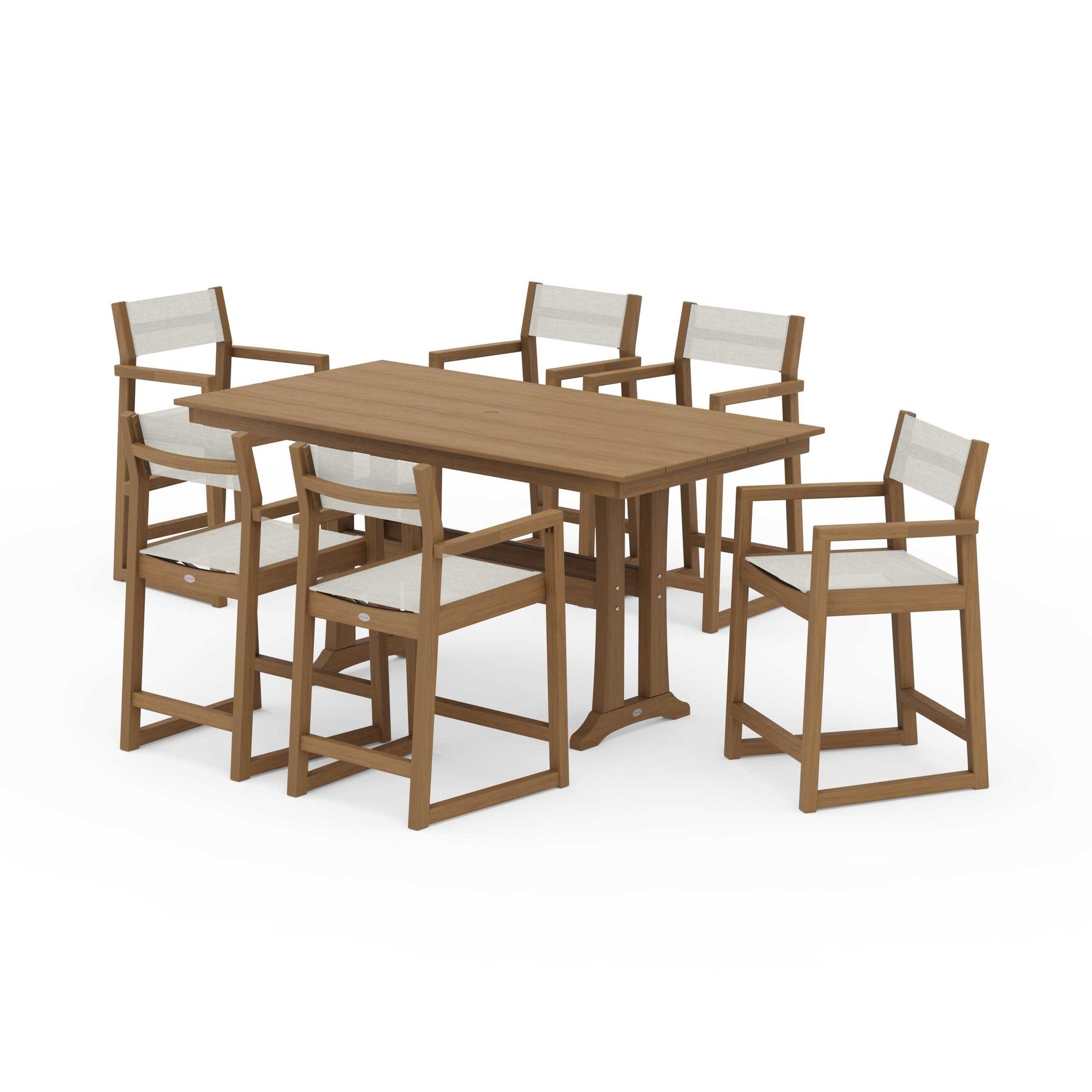 POLYWOOD EDGE Sling Arm Chair 7-Piece Farmhouse Counter Set with Trestle Legs — Natural / Parchment Sling