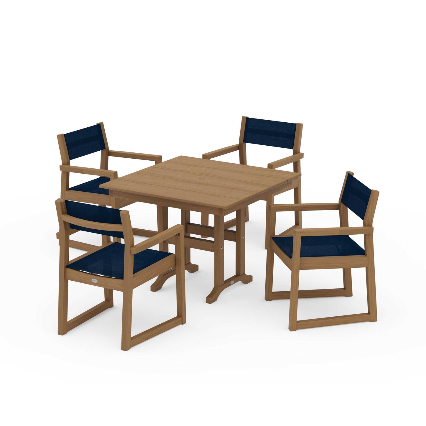 POLYWOOD EDGE Sling Arm Chair 5-Piece Farmhouse Dining Set — Natural / Navy Blue Sling