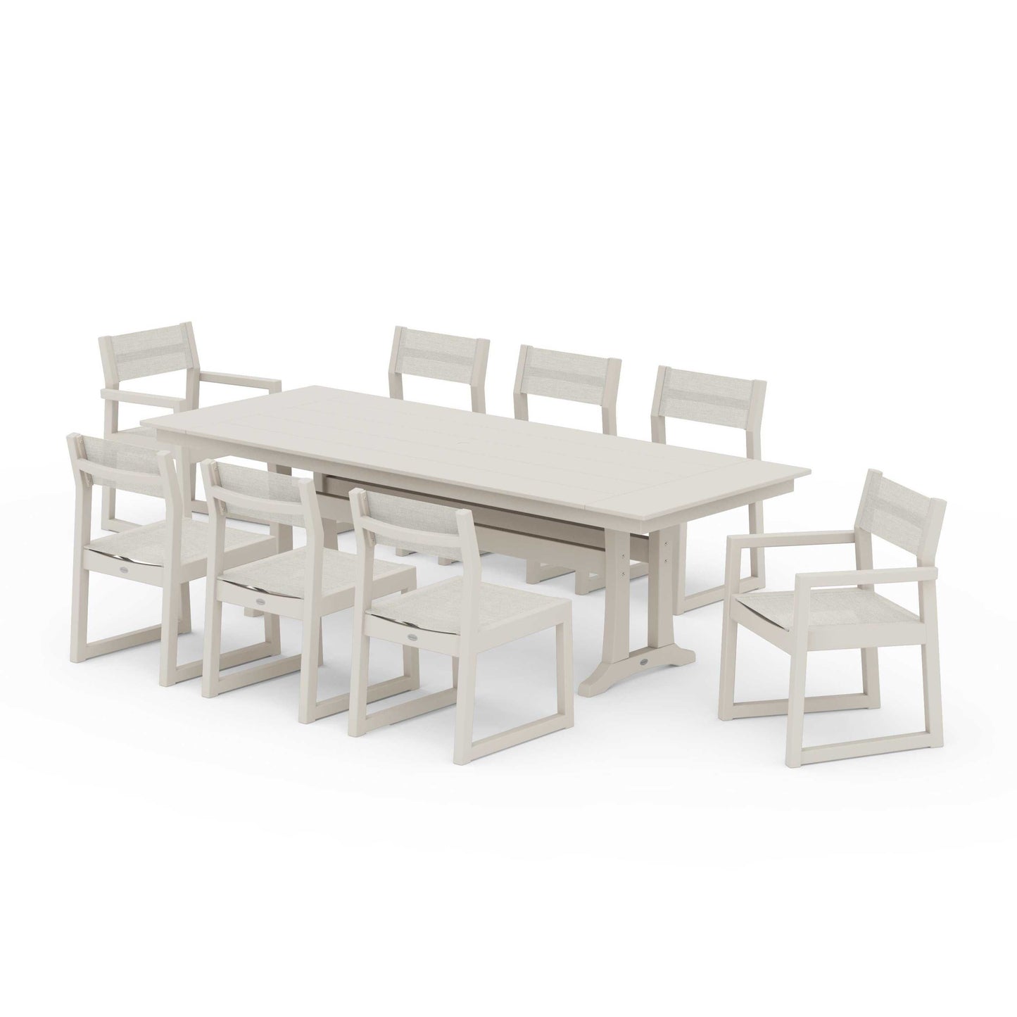 POLYWOOD EDGE Sling 9-Piece Farmhouse Trestle Dining Set — Sand / Parchment Sling