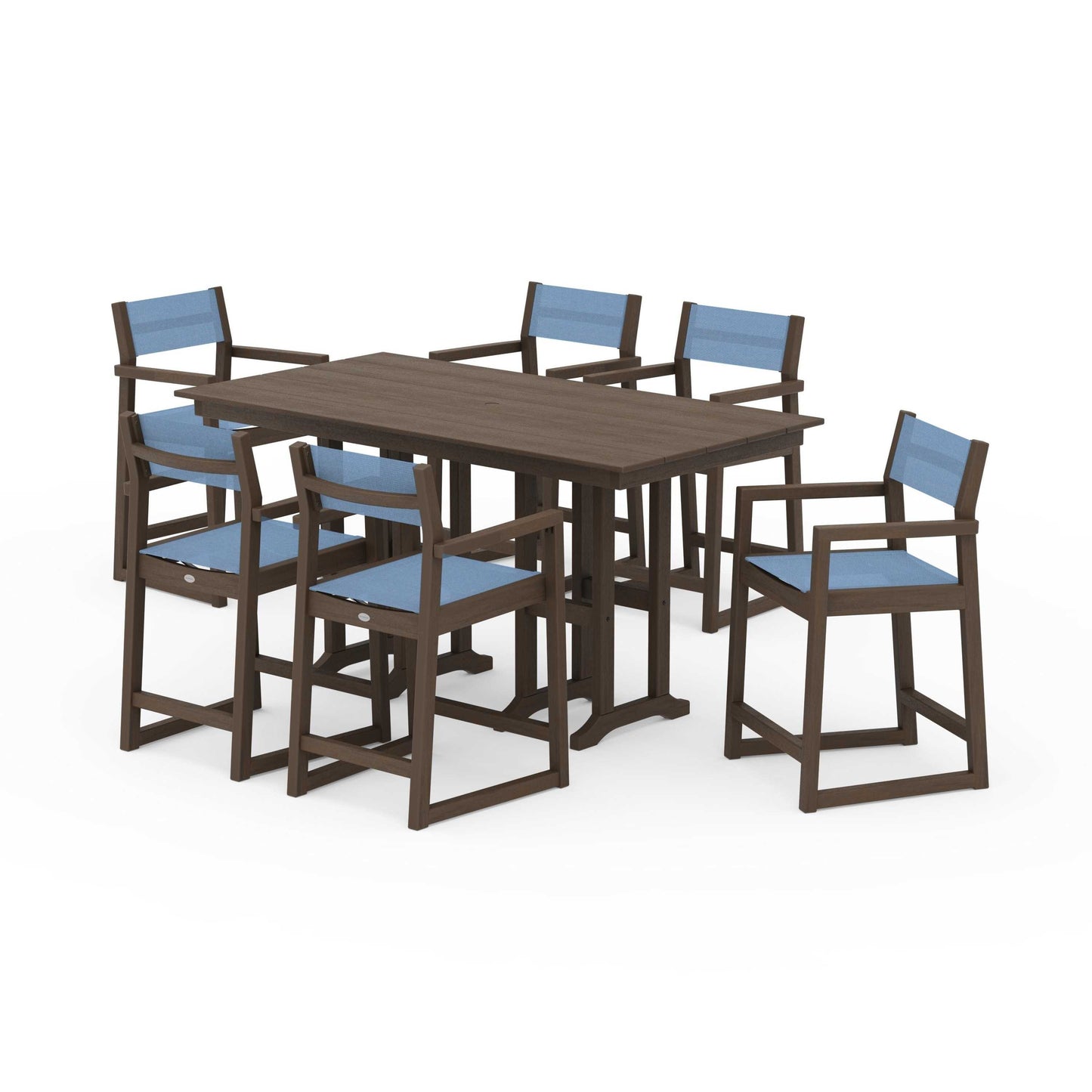 POLYWOOD EDGE Sling Arm Chair 7-Piece Farmhouse Counter Set — Kona / Poolside Sling