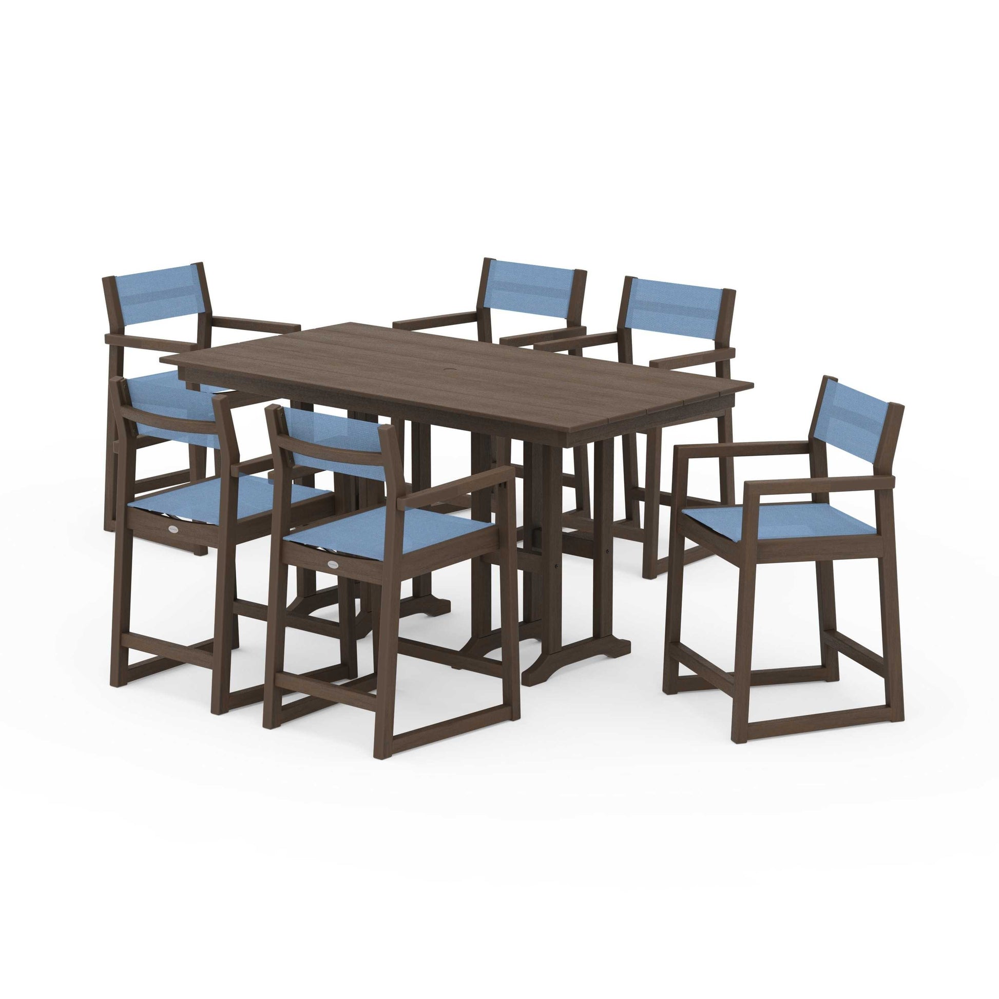 POLYWOOD EDGE Sling Arm Chair 7-Piece Farmhouse Counter Set — Kona / Poolside Sling