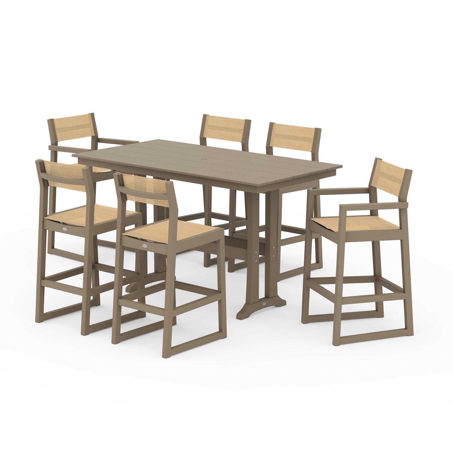 POLYWOOD EDGE Sling 7-Piece Farmhouse Bar Set with Trestle Legs — Vintage Sahara / Dupioni Apricot Sling
