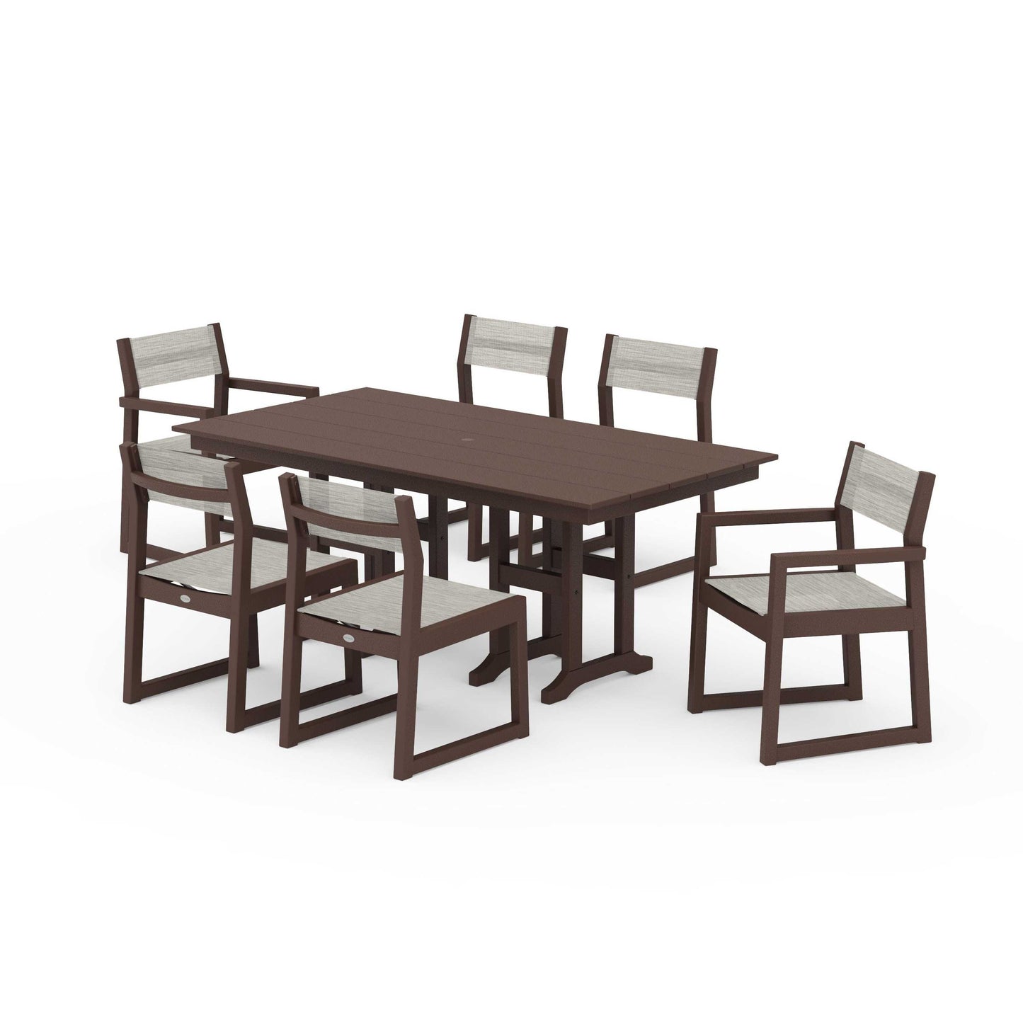 POLYWOOD EDGE Sling 7-Piece Farmhouse Dining Set — Mahogany / Birch Sling
