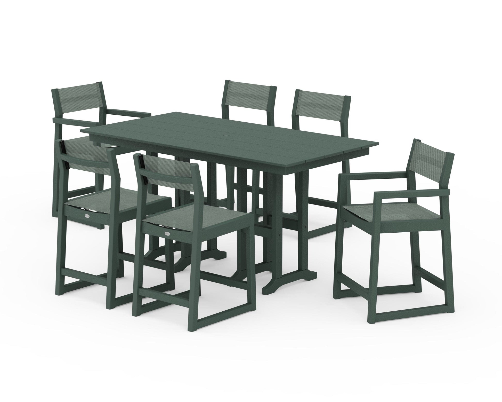 POLYWOOD EDGE Sling 7-Piece Farmhouse Counter Set with Trestle Legs — Green / Dupioni Sea Mist Sling