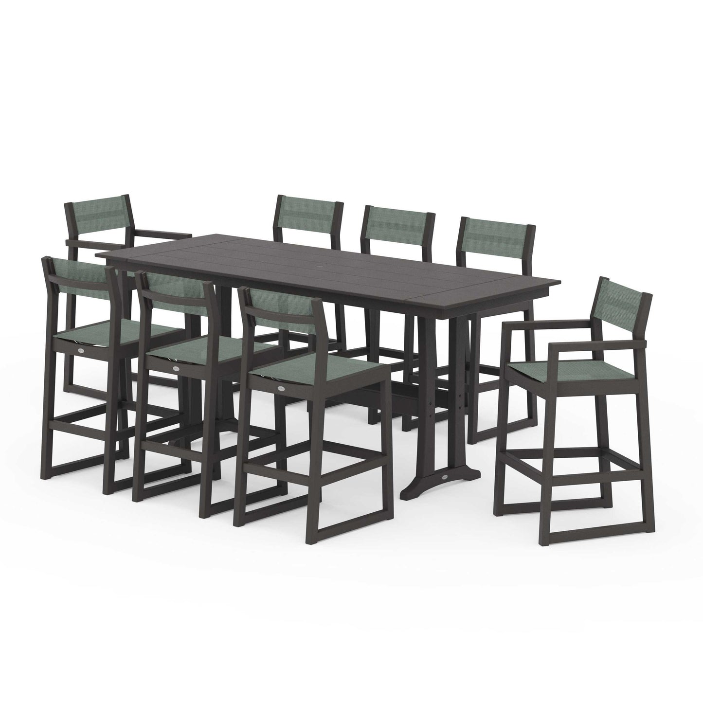 POLYWOOD EDGE Sling 9-Piece Farmhouse Bar Set with Trestle Legs — Vintage Coffee / Dupioni Sea Mist Sling