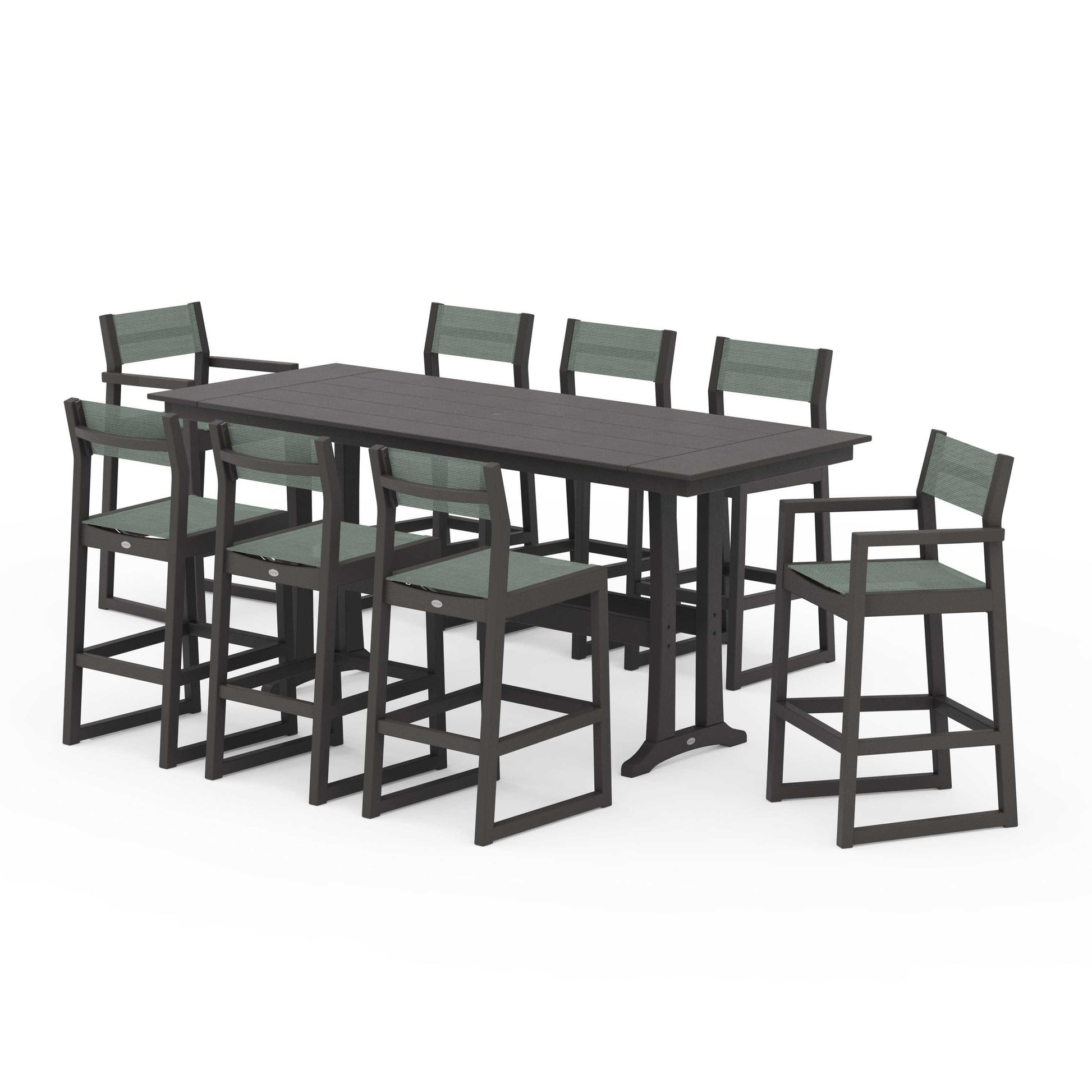 POLYWOOD EDGE Sling 9-Piece Farmhouse Bar Set with Trestle Legs — Vintage Coffee / Dupioni Sea Mist Sling