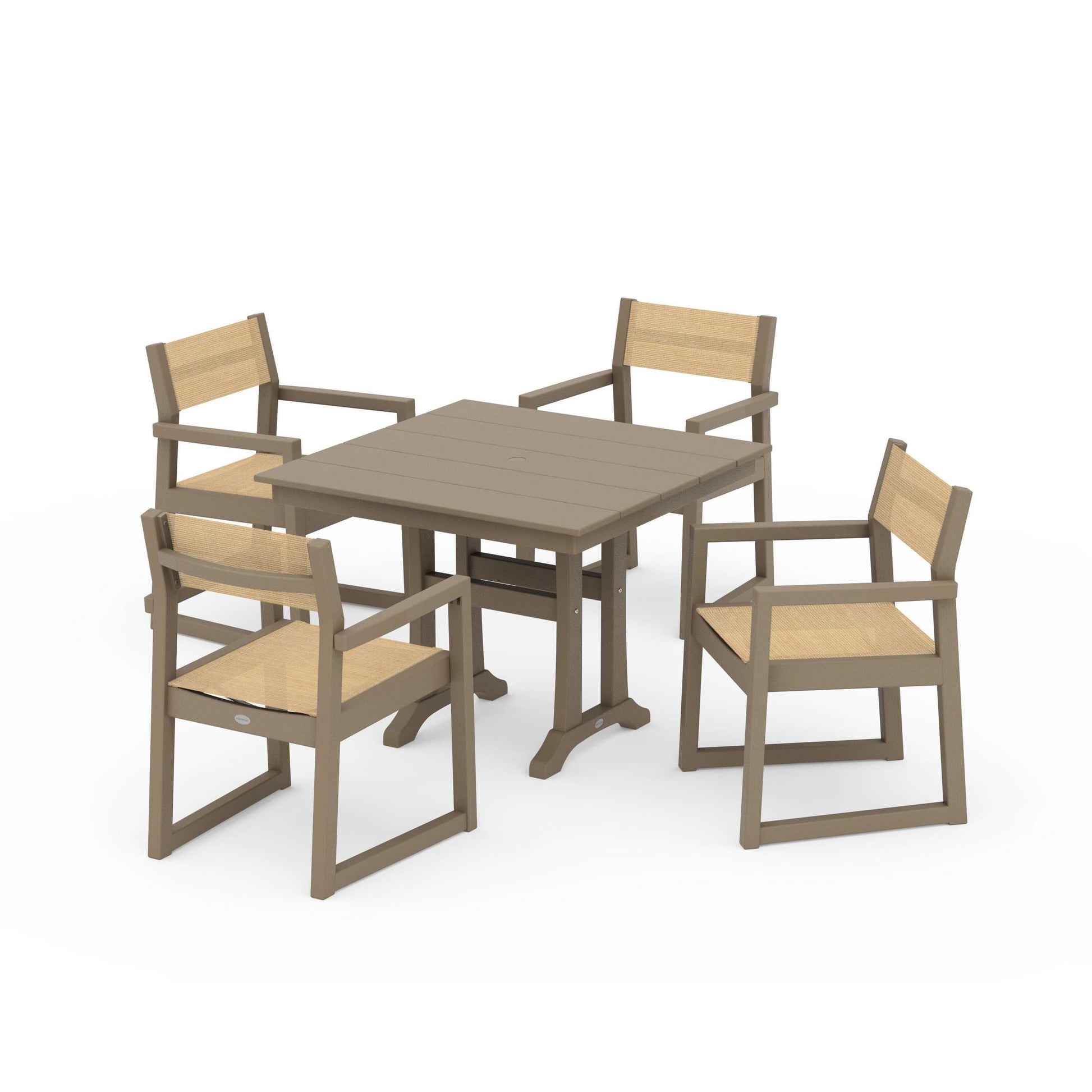 POLYWOOD EDGE Sling 5-Piece Farmhouse Dining Set with Trestle Legs — Vintage Sahara / Dupioni Apricot Sling