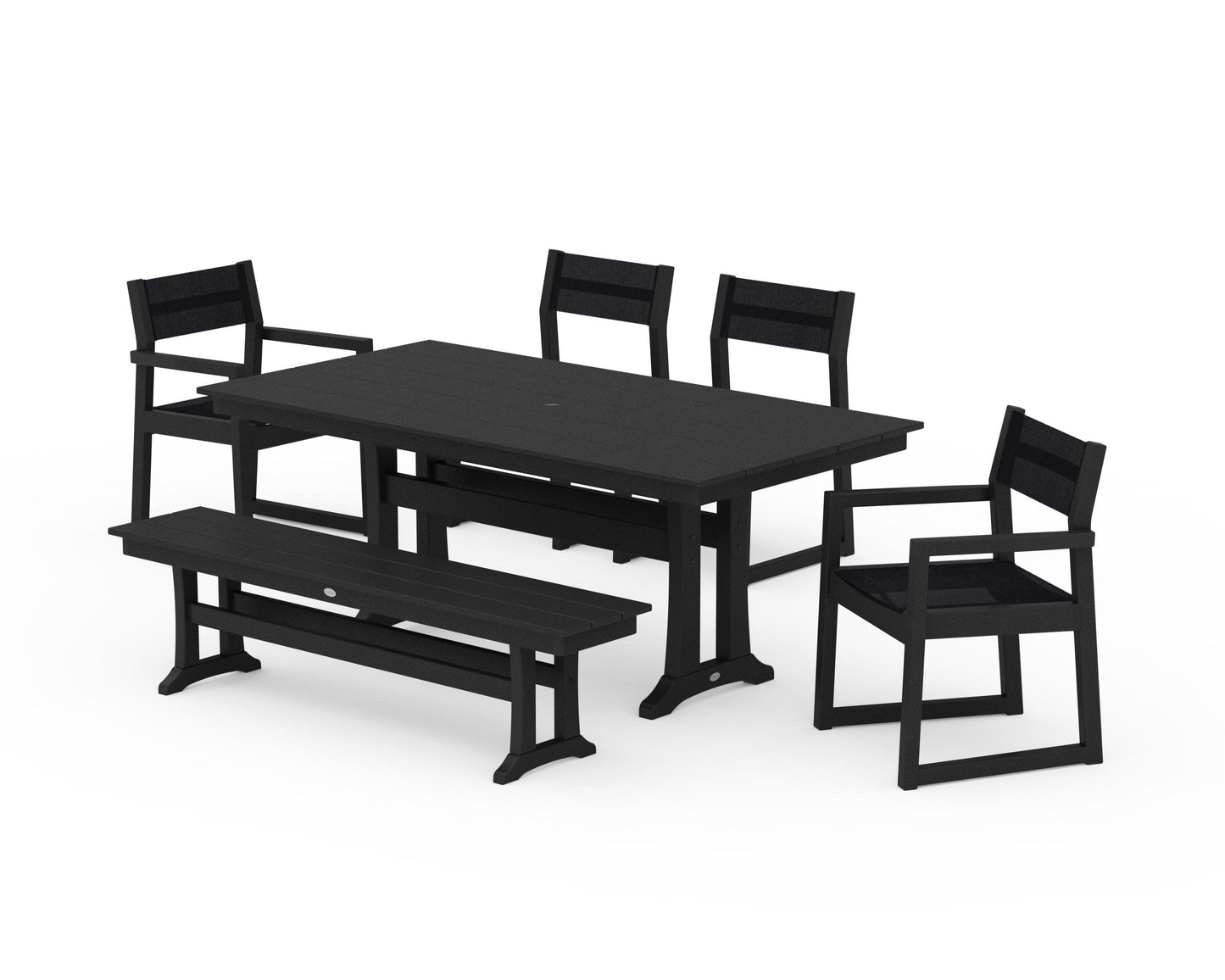 POLYWOOD EDGE Sling 6-Piece Farmhouse Dining Set With Trestle Legs — Black / Black Sling