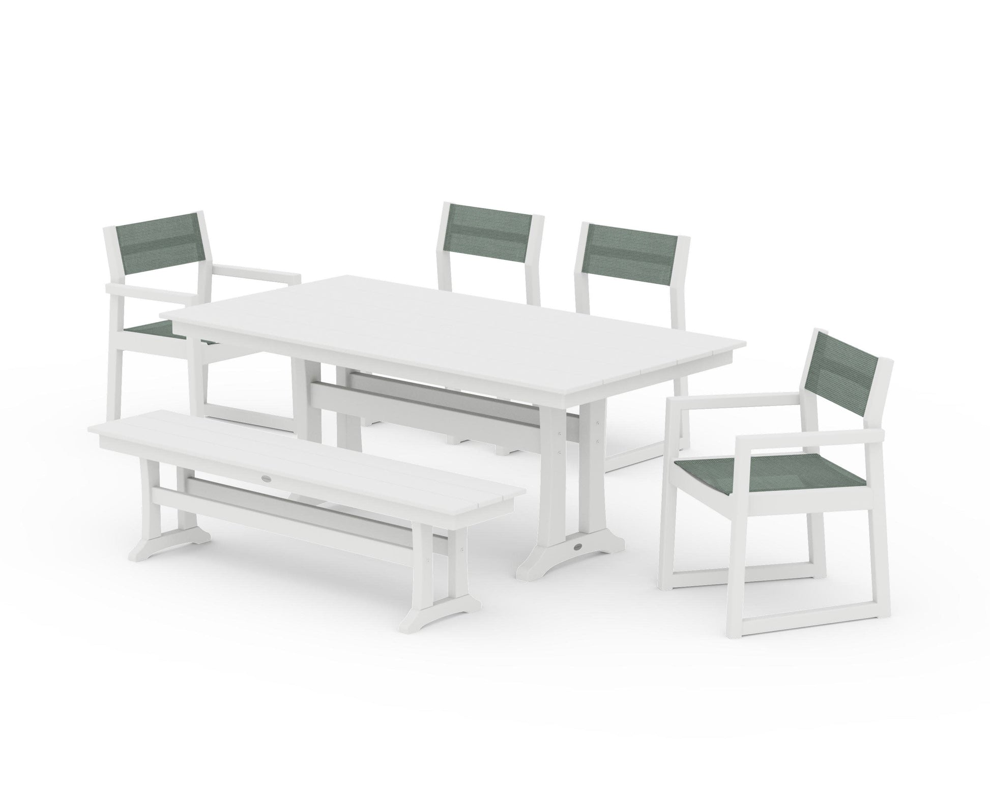 POLYWOOD EDGE Sling 6-Piece Farmhouse Dining Set With Trestle Legs — White / Dupioni Sea Mist Sling