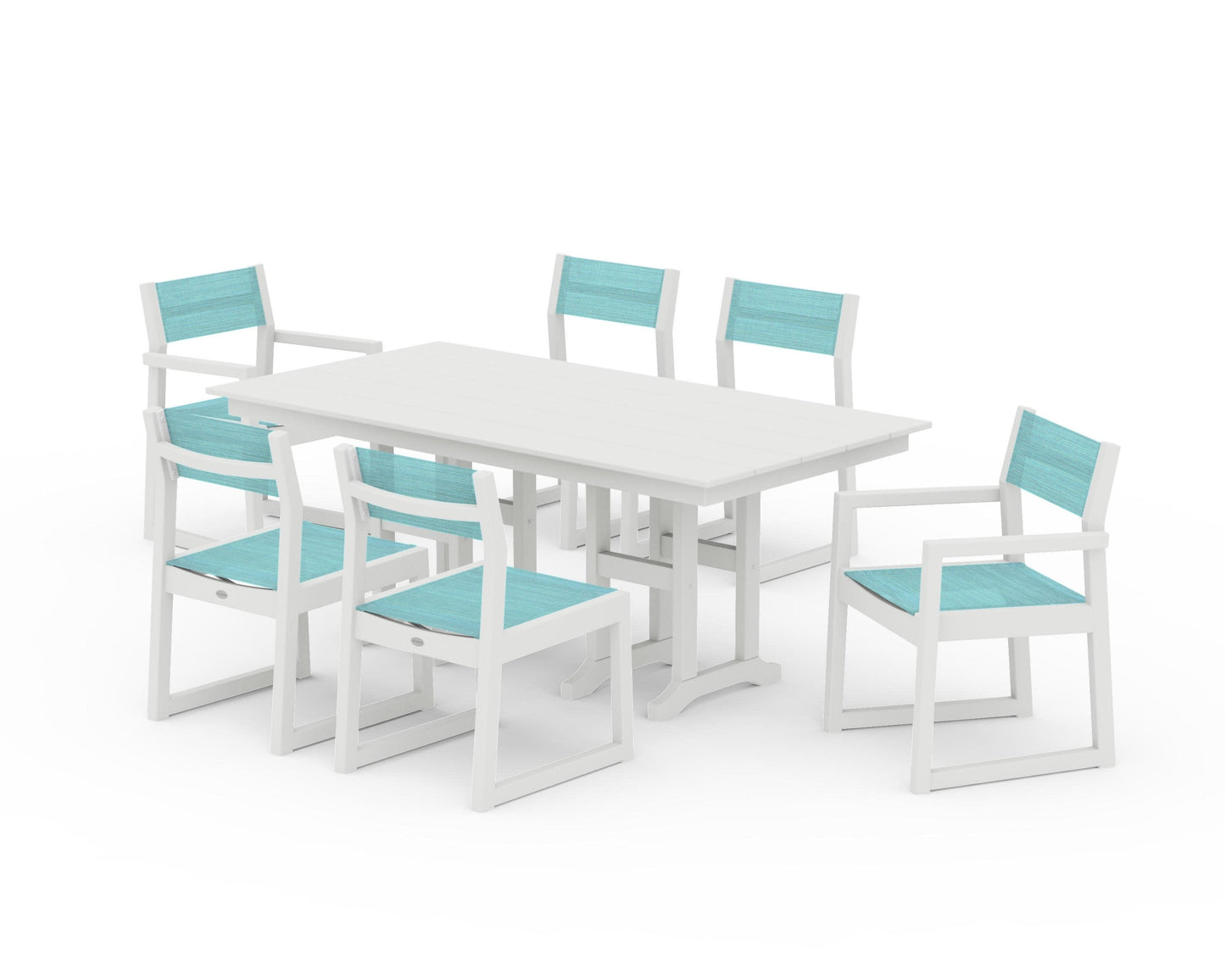 POLYWOOD EDGE Sling 7-Piece Farmhouse Dining Set — Vintage White / Dupioni Aquamarine Sling