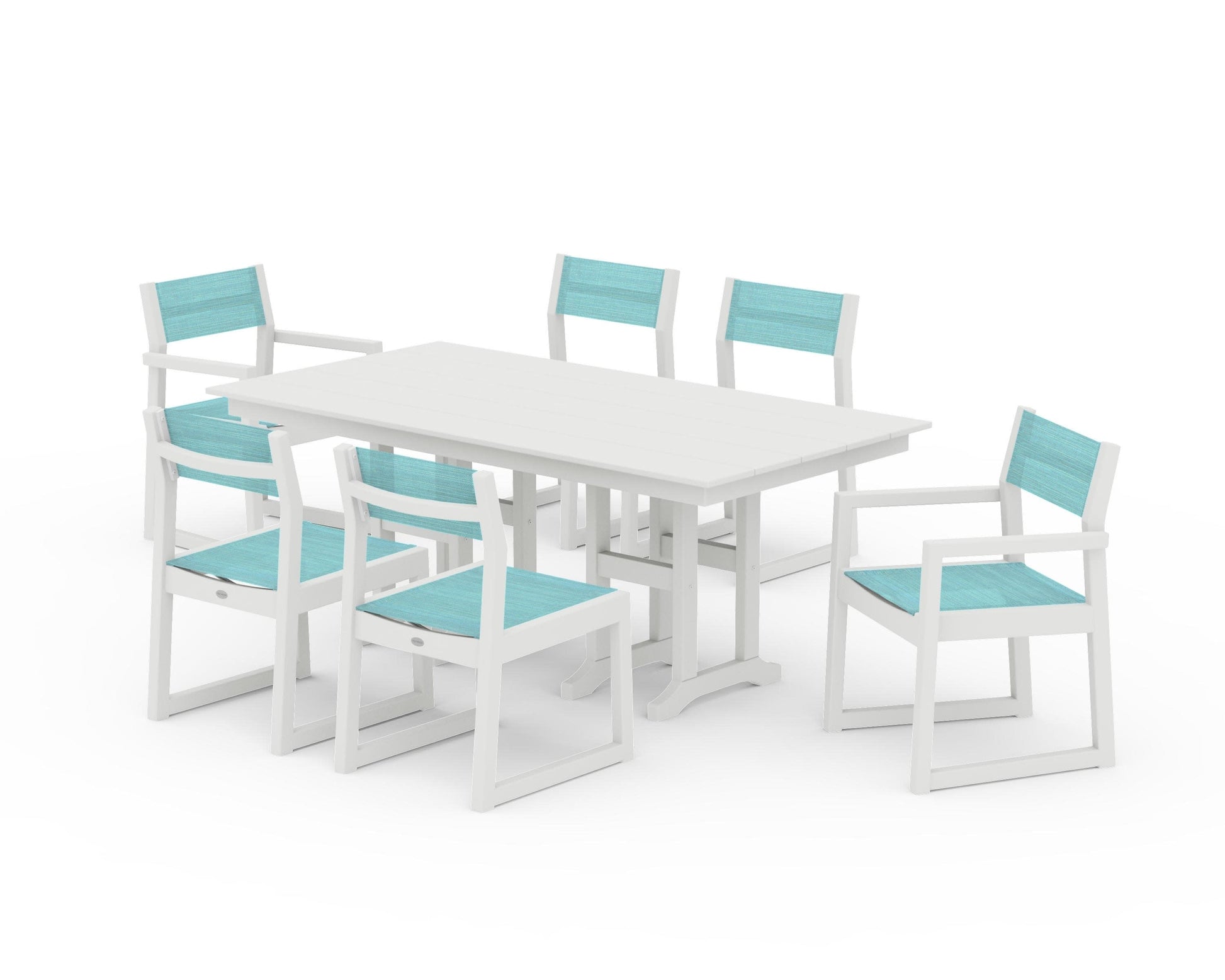 POLYWOOD EDGE Sling 7-Piece Farmhouse Dining Set — Vintage White / Dupioni Aquamarine Sling
