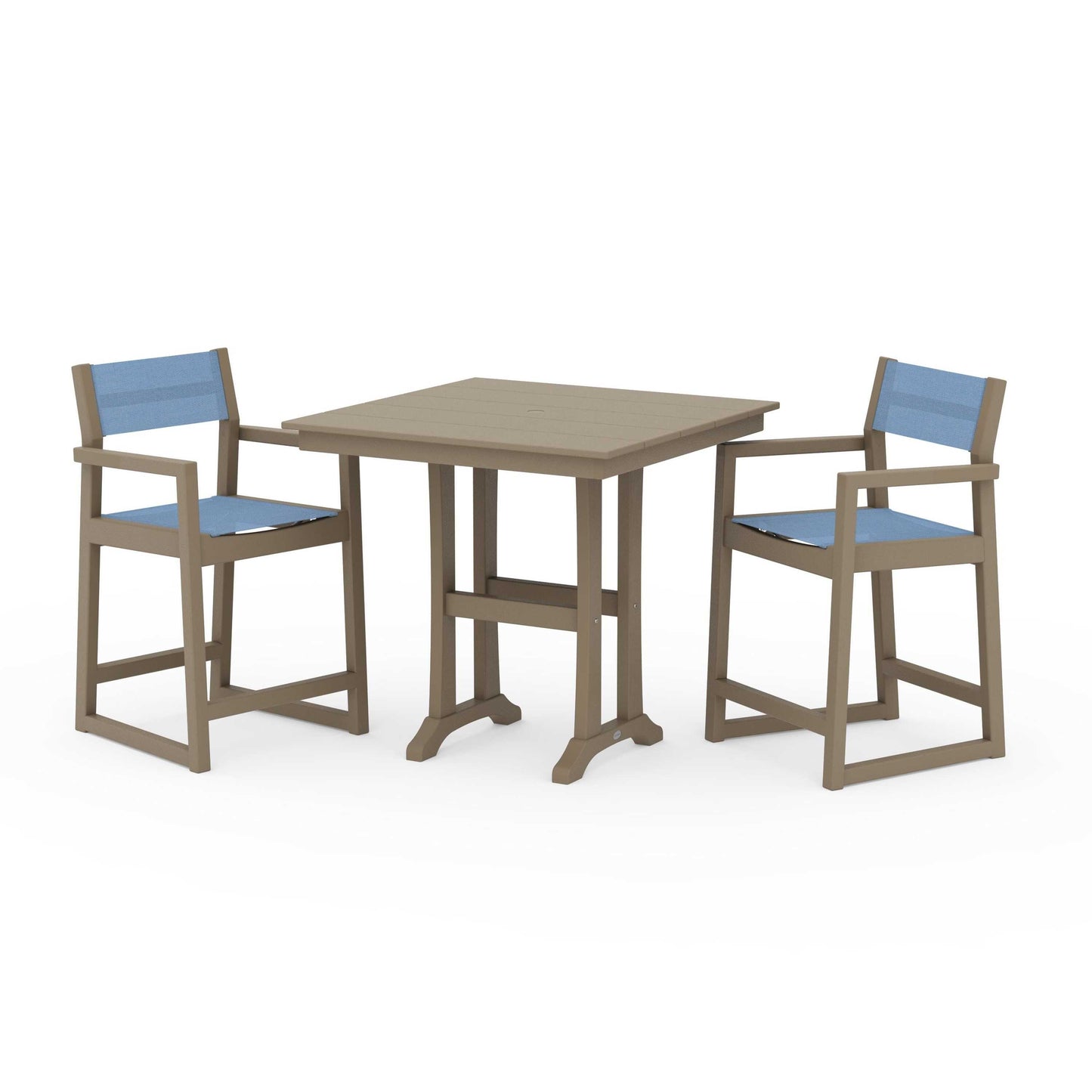 POLYWOOD EDGE Sling Arm Chair 3-Piece Farmhouse Counter Set with Trestle Legs — Vintage Sahara / Poolside Sling