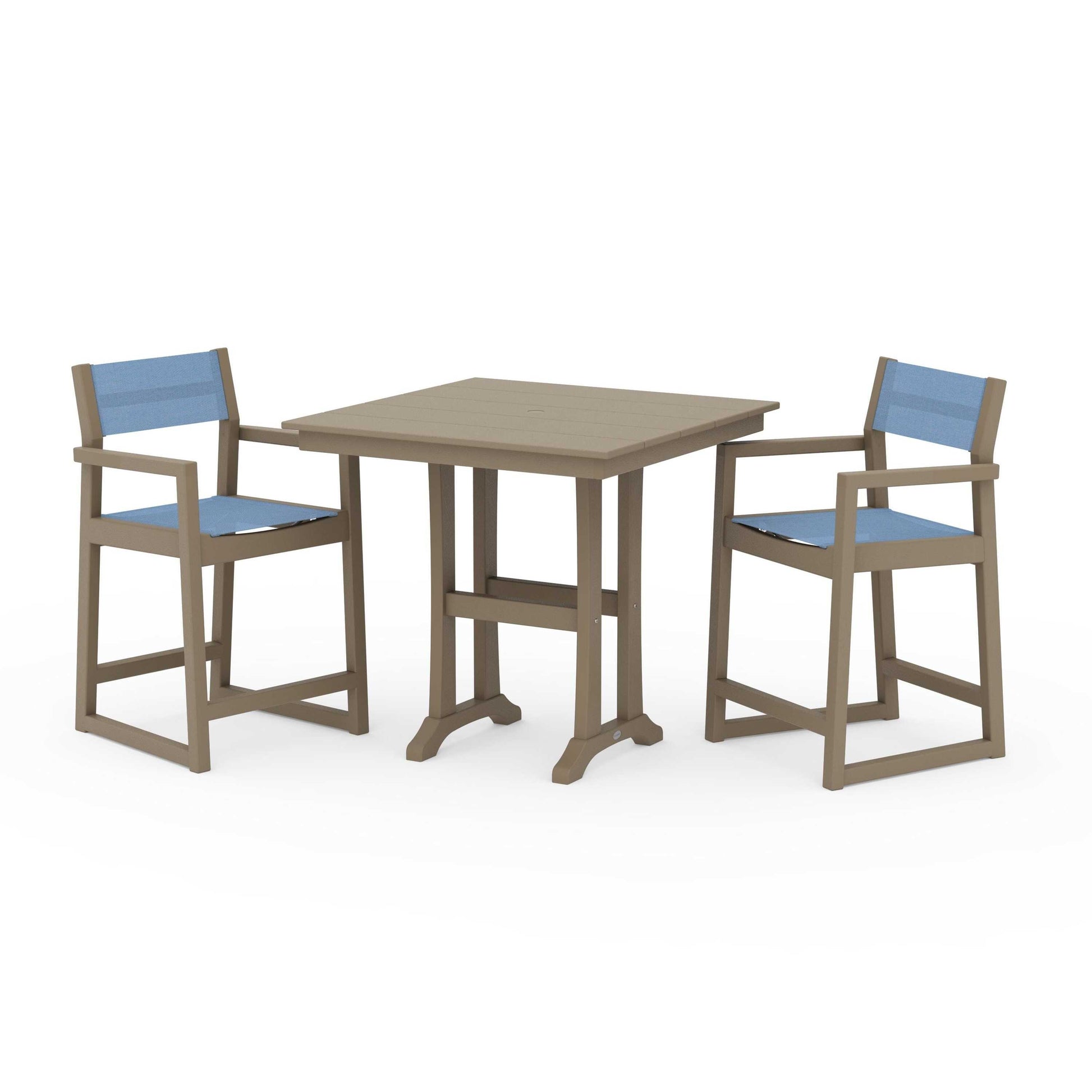 POLYWOOD EDGE Sling Arm Chair 3-Piece Farmhouse Counter Set with Trestle Legs — Vintage Sahara / Poolside Sling