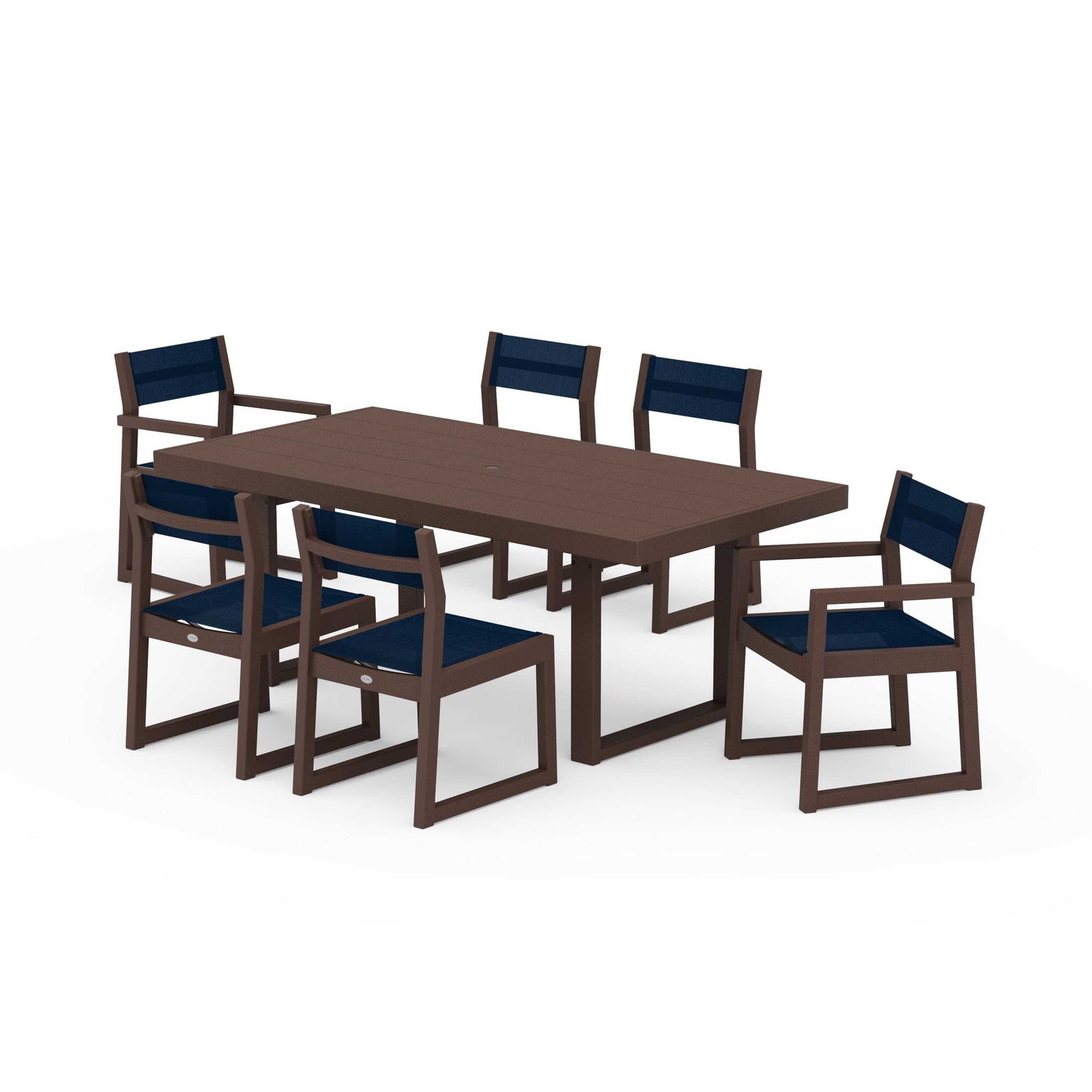 POLYWOOD EDGE Sling 7-Piece Dining Set — Mahogany / Navy Blue Sling