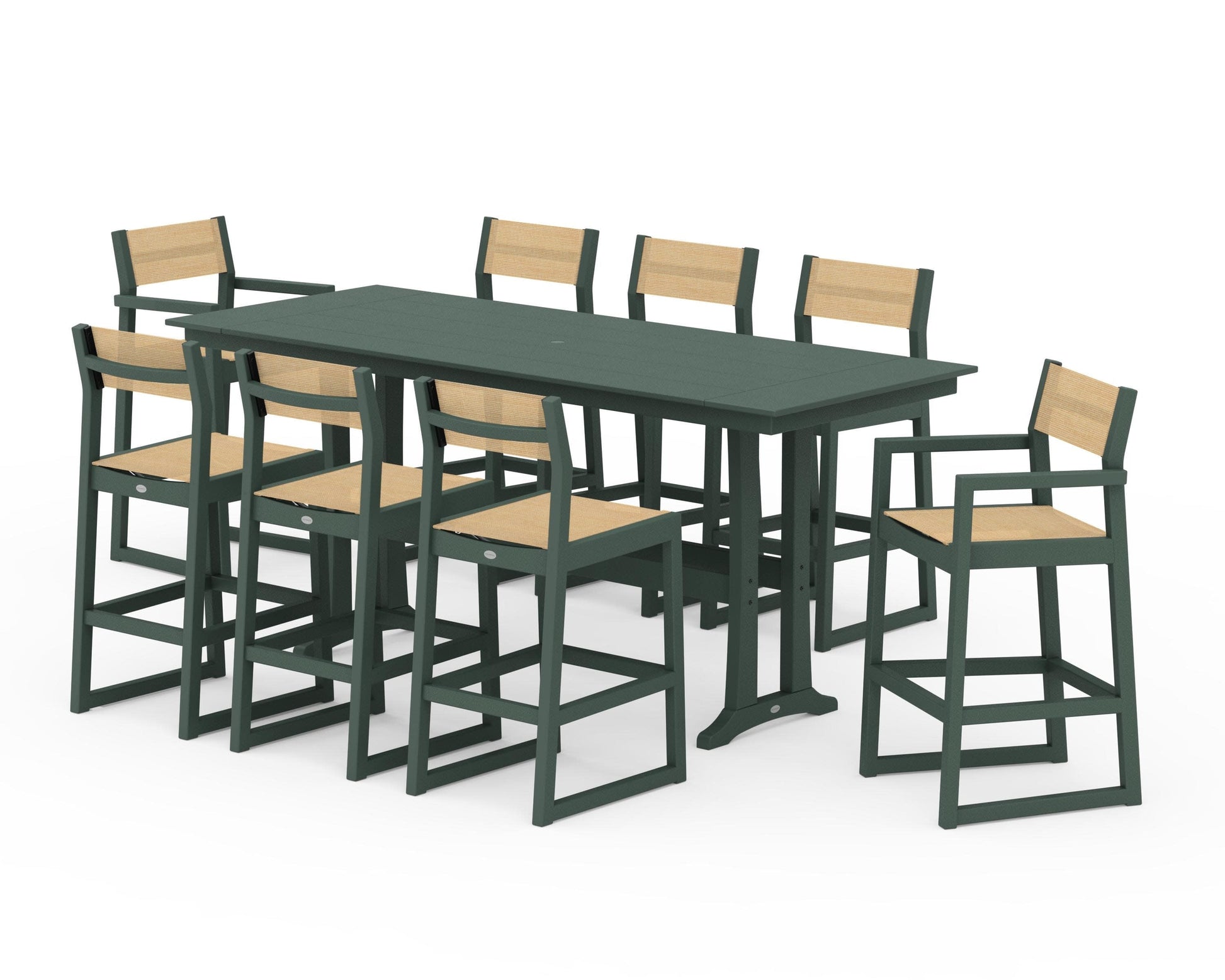 POLYWOOD EDGE Sling 9-Piece Farmhouse Bar Set with Trestle Legs — Green / Dupioni Apricot Sling