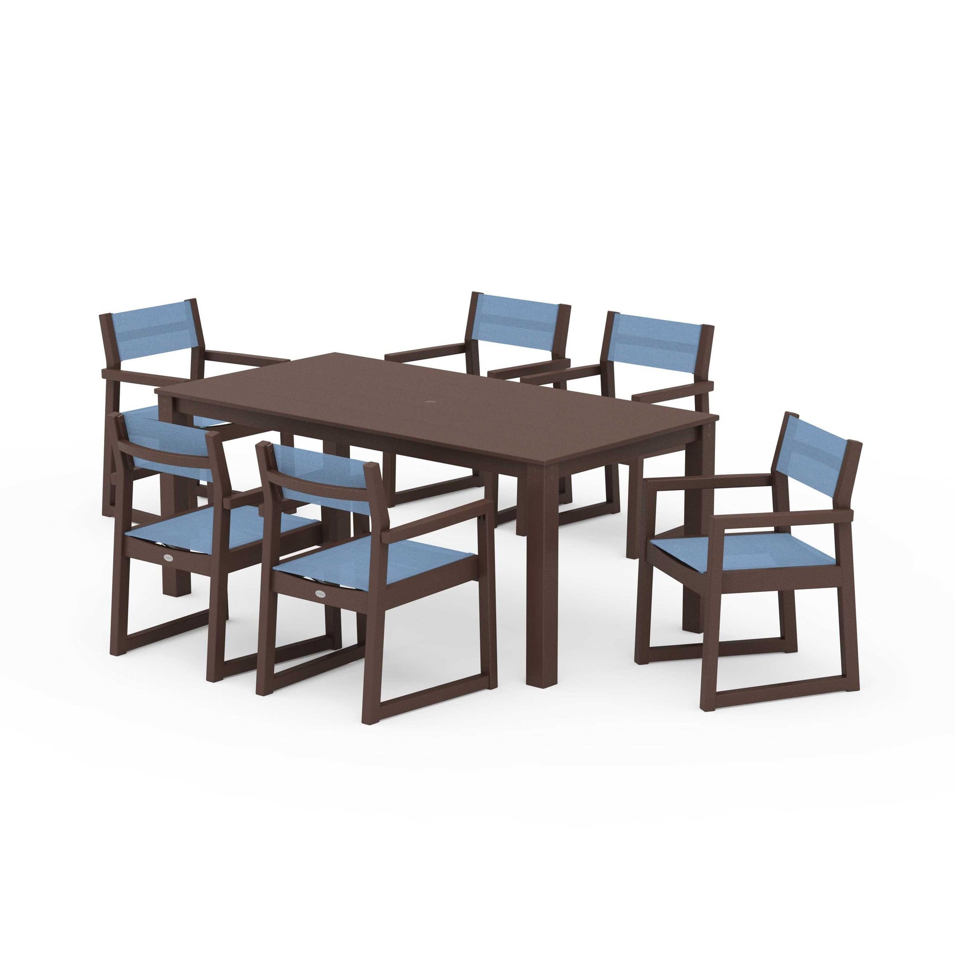 POLYWOOD EDGE Sling Arm Chair 7-Piece Parsons Dining Set — Mahogany / Poolside Sling