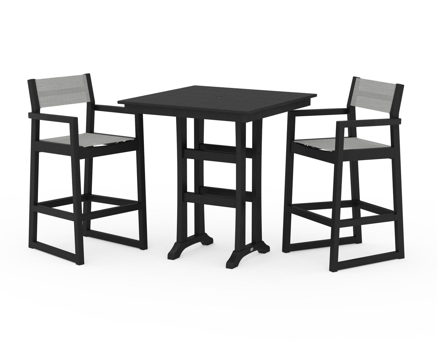 POLYWOOD EDGE Sling Arm Chair 3-Piece Farmhouse Bar Set with Trestle Legs — Black / Metallic Sling