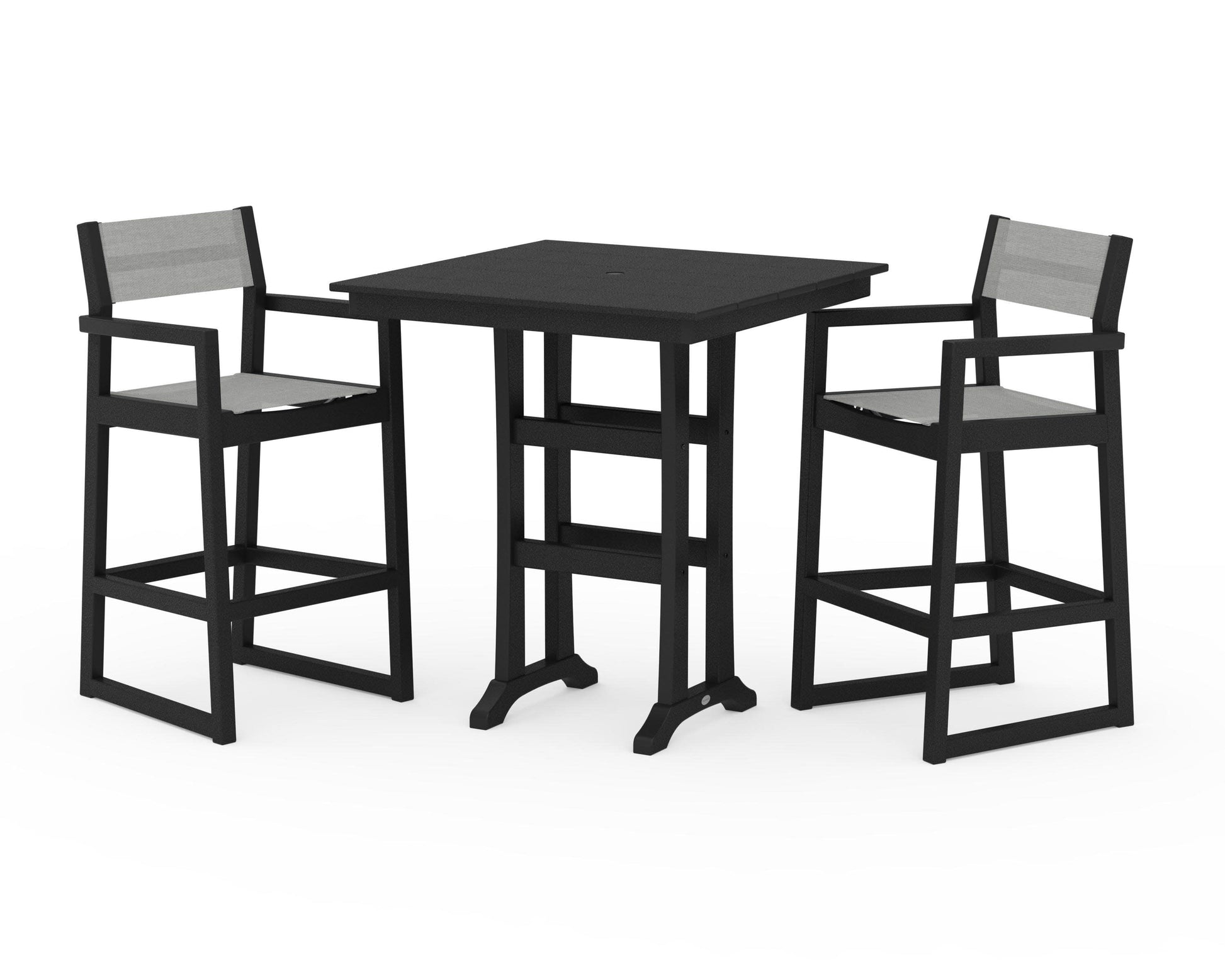 POLYWOOD EDGE Sling Arm Chair 3-Piece Farmhouse Bar Set with Trestle Legs — Black / Metallic Sling