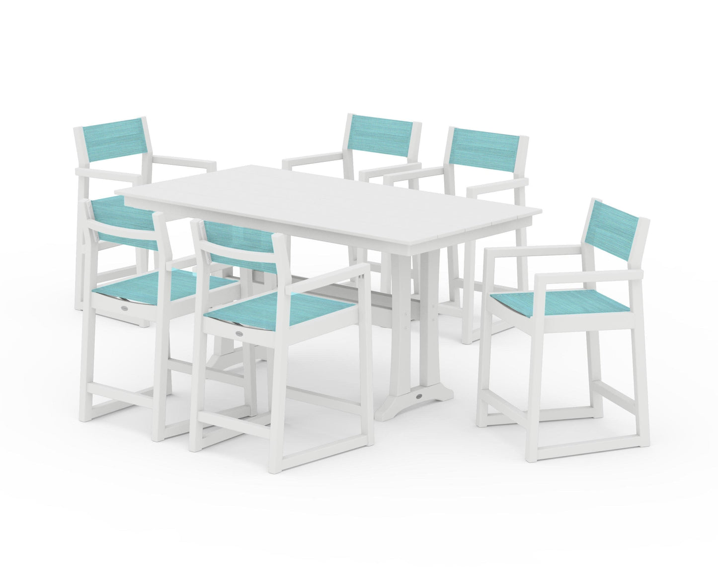 POLYWOOD EDGE Sling Arm Chair 7-Piece Farmhouse Counter Set with Trestle Legs — White / Dupioni Aquamarine Sling