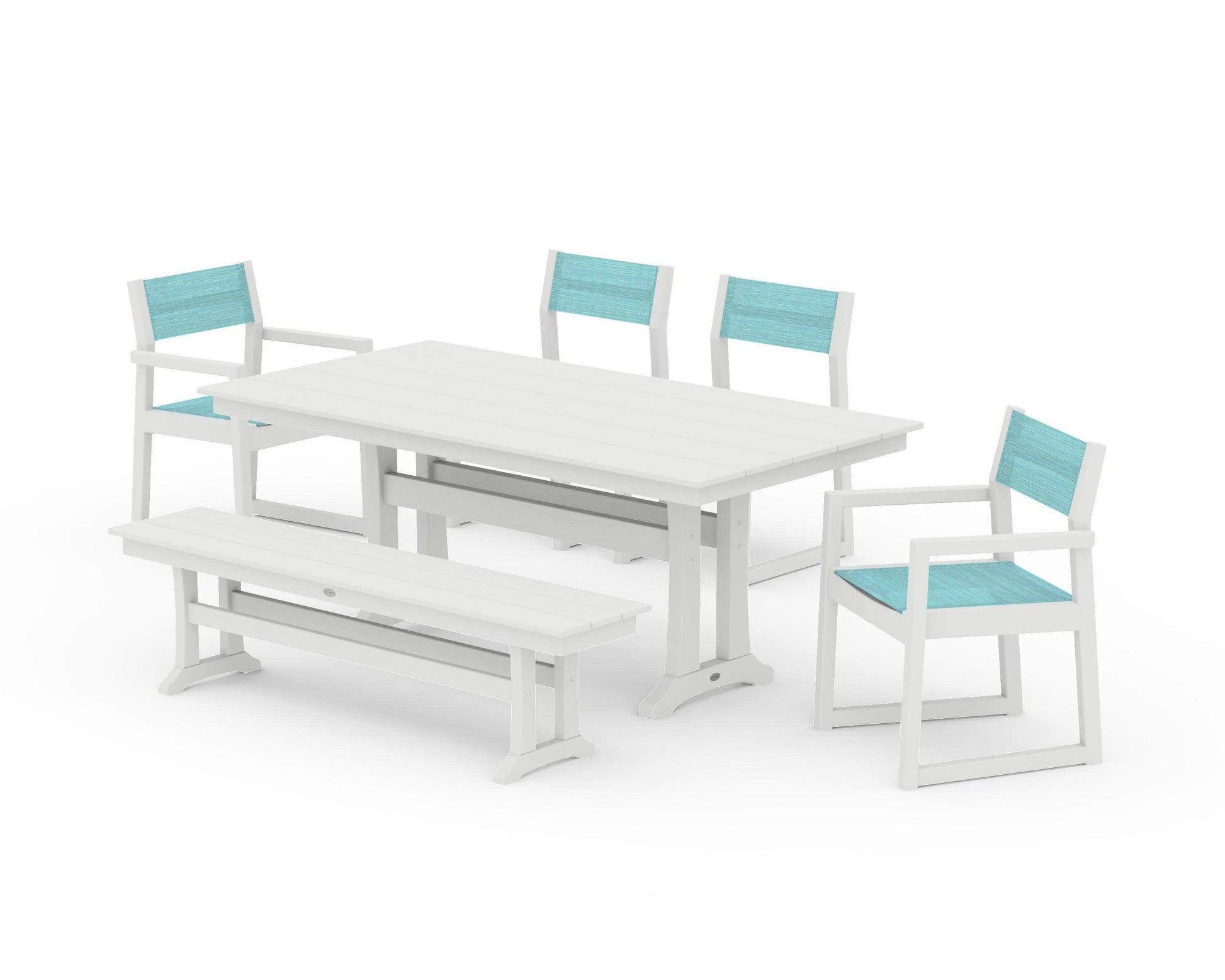POLYWOOD EDGE Sling 6-Piece Farmhouse Dining Set With Trestle Legs — Vintage White / Dupioni Aquamarine Sling