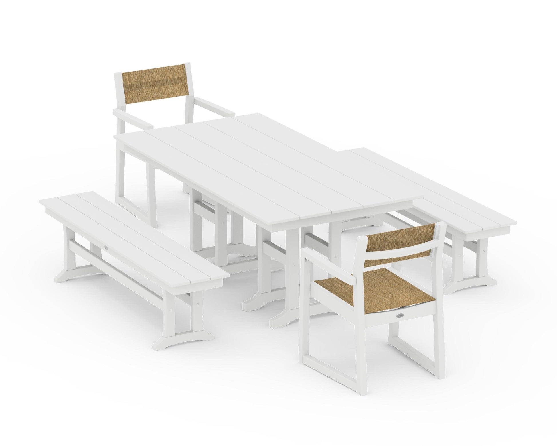 POLYWOOD EDGE Sling Arm Chair 5-Piece Farmhouse Dining Set with Benches — White / Burlap Sling