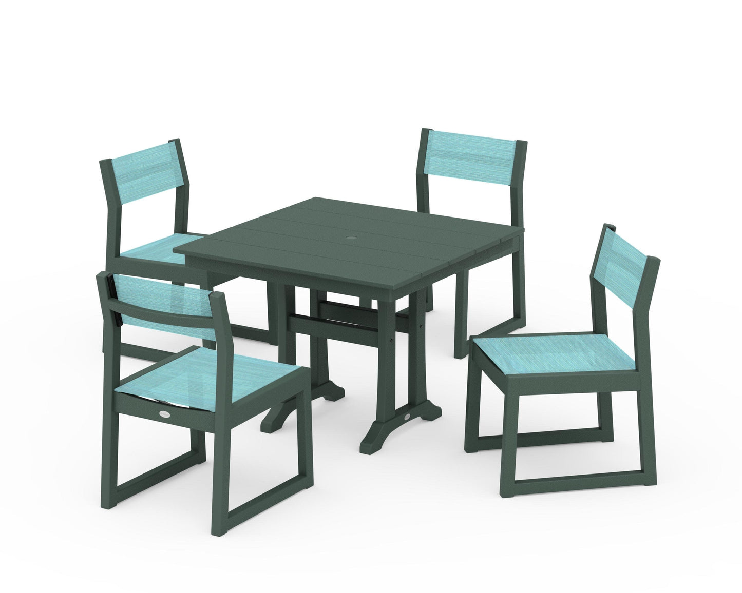 POLYWOOD EDGE Sling 5-Piece Farmhouse Trestle Side Chair Dining Set — Green / Dupioni Aquamarine Sling
