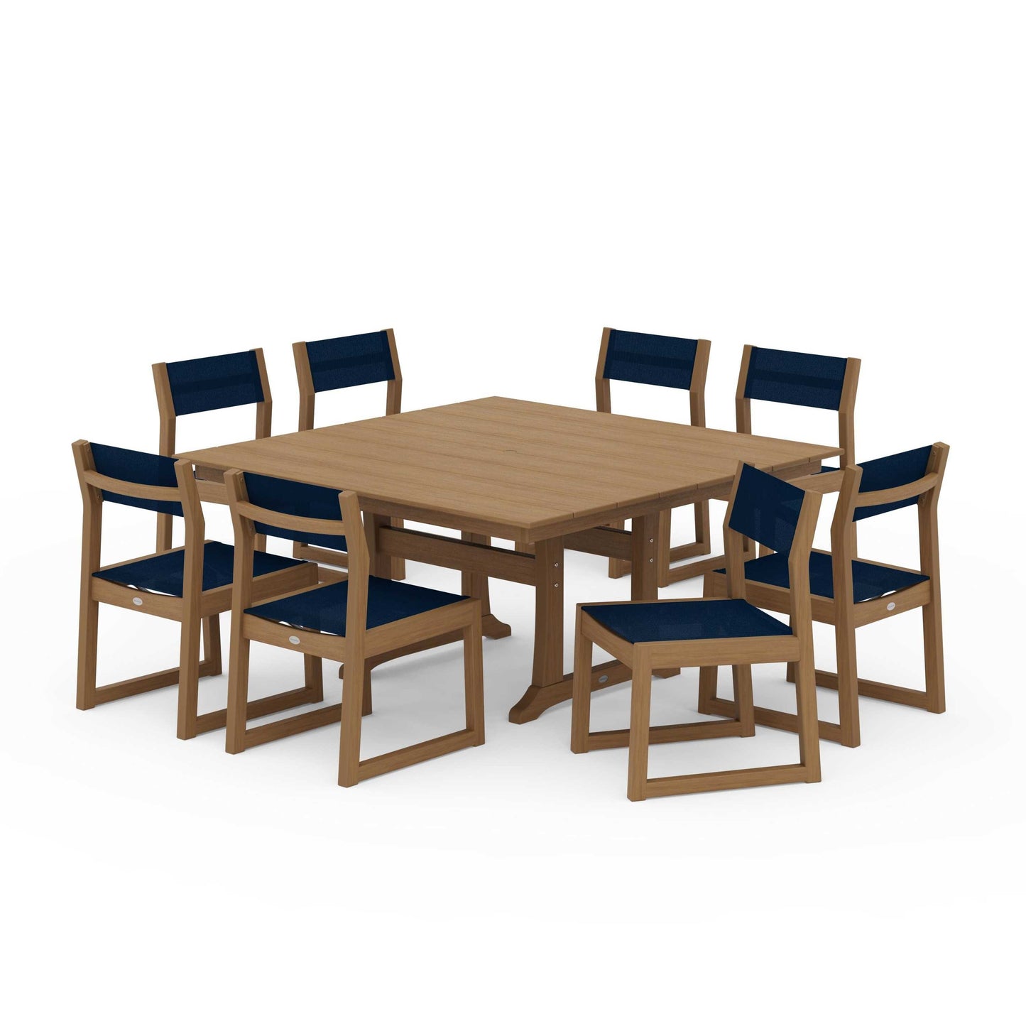 POLYWOOD EDGE Sling Side Chair 9-Piece Farmhouse Trestle Dining Set — Natural / Navy Blue Sling