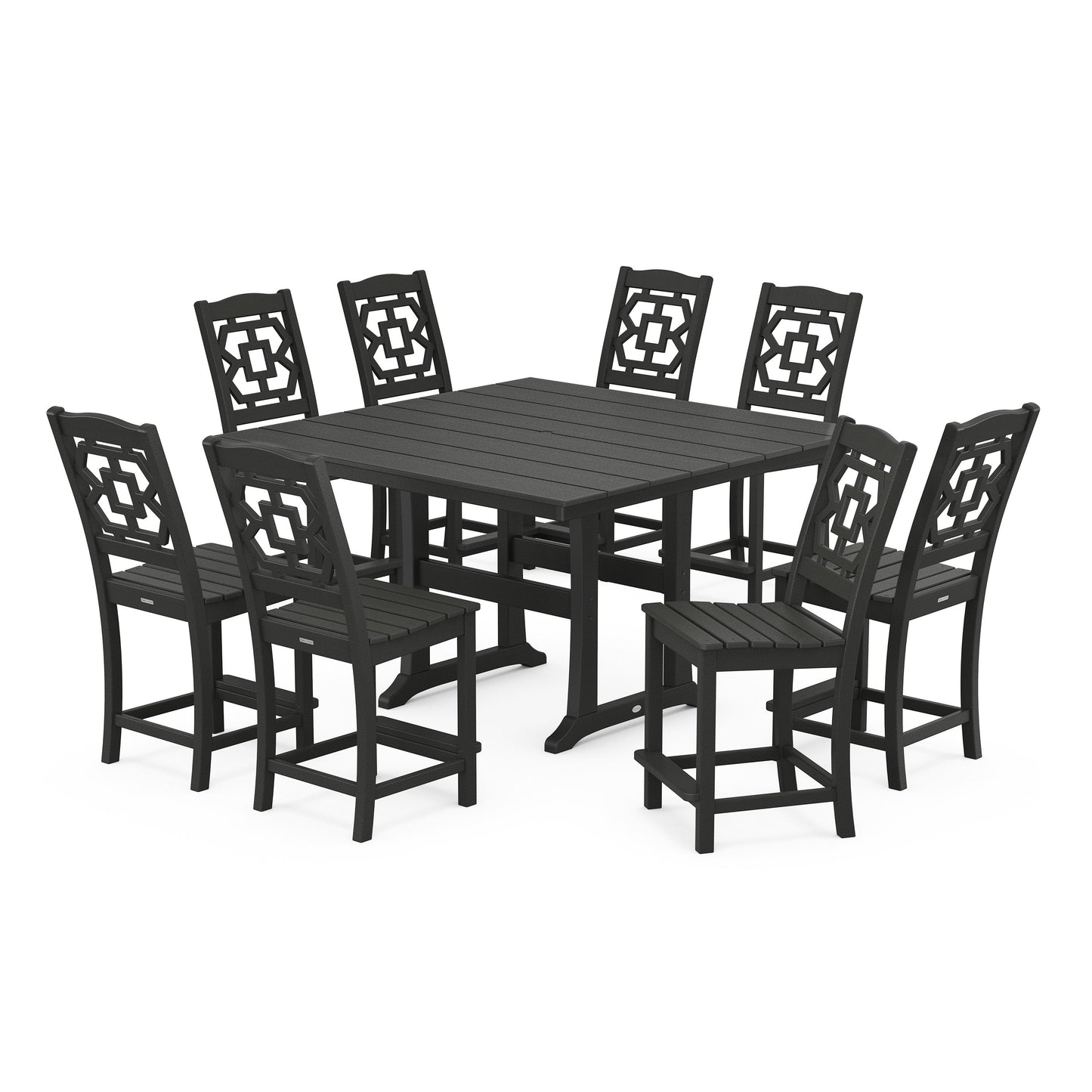 POLYWOOD Chinoiserie 9-Piece Square Farmhouse Side Chair Counter Set with Trestle Legs — Black