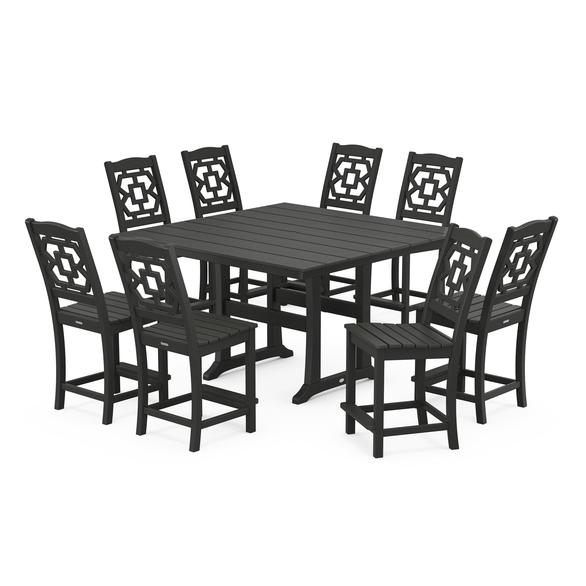 POLYWOOD Chinoiserie 9-Piece Square Farmhouse Side Chair Counter Set with Trestle Legs — Black