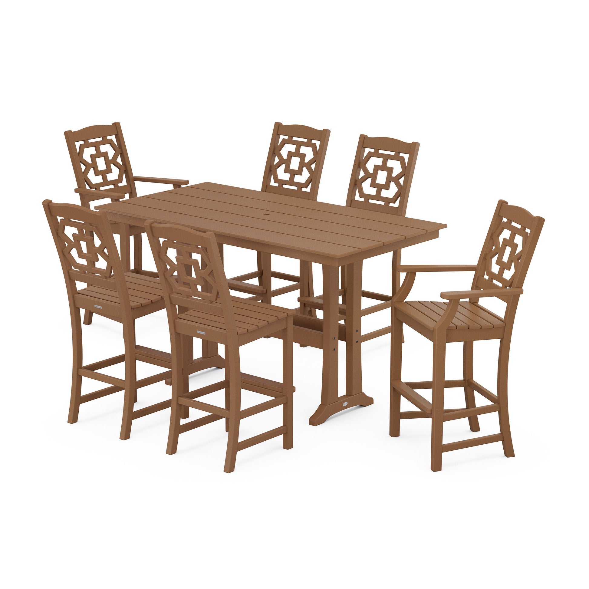 POLYWOOD Chinoiserie 7-Piece Farmhouse Bar Set with Trestle Legs — Teak