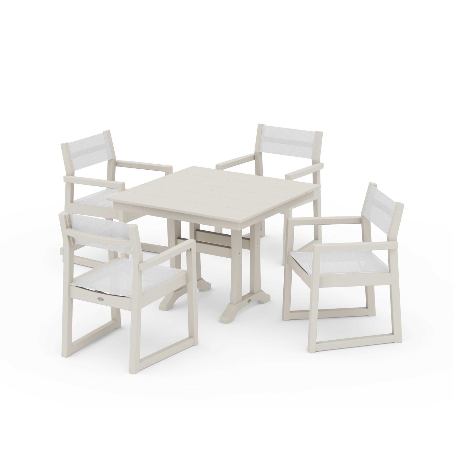 POLYWOOD EDGE Sling 5-Piece Farmhouse Dining Set with Trestle Legs — Sand / White Sling