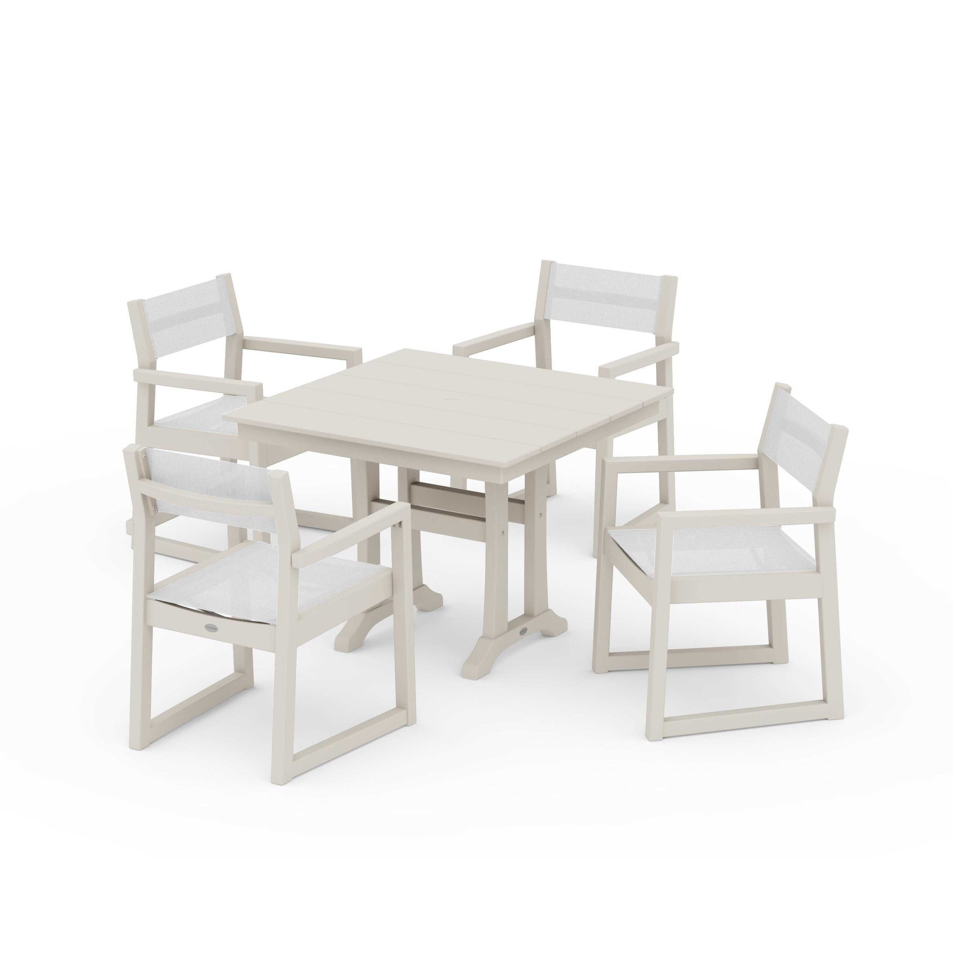 POLYWOOD EDGE Sling 5-Piece Farmhouse Dining Set with Trestle Legs — Sand / White Sling