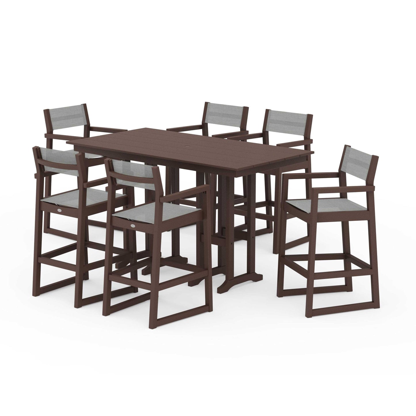 POLYWOOD EDGE Sling Arm Chair 7-Piece Farmhouse Bar Set — Mahogany / Metallic Sling