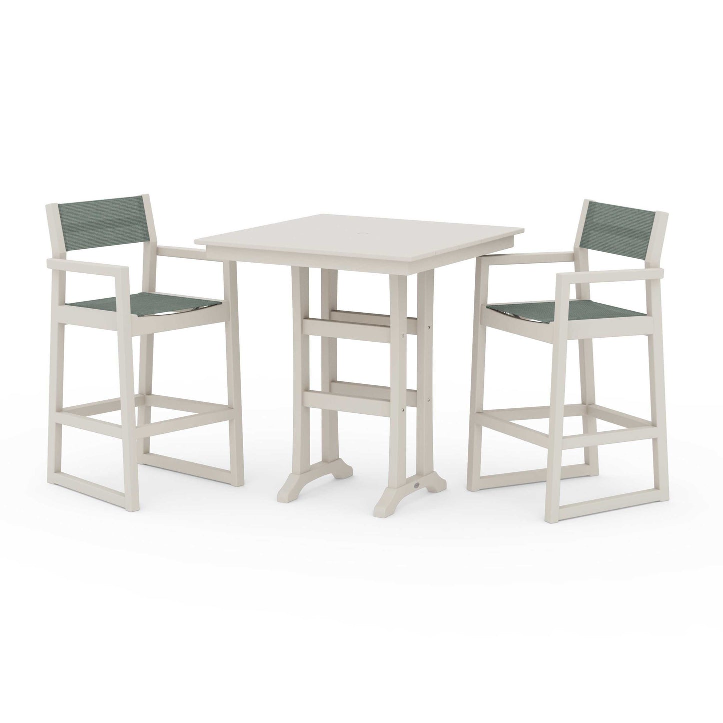 POLYWOOD EDGE Sling Arm Chair 3-Piece Farmhouse Bar Set with Trestle Legs — Sand / Dupioni Sea Mist Sling
