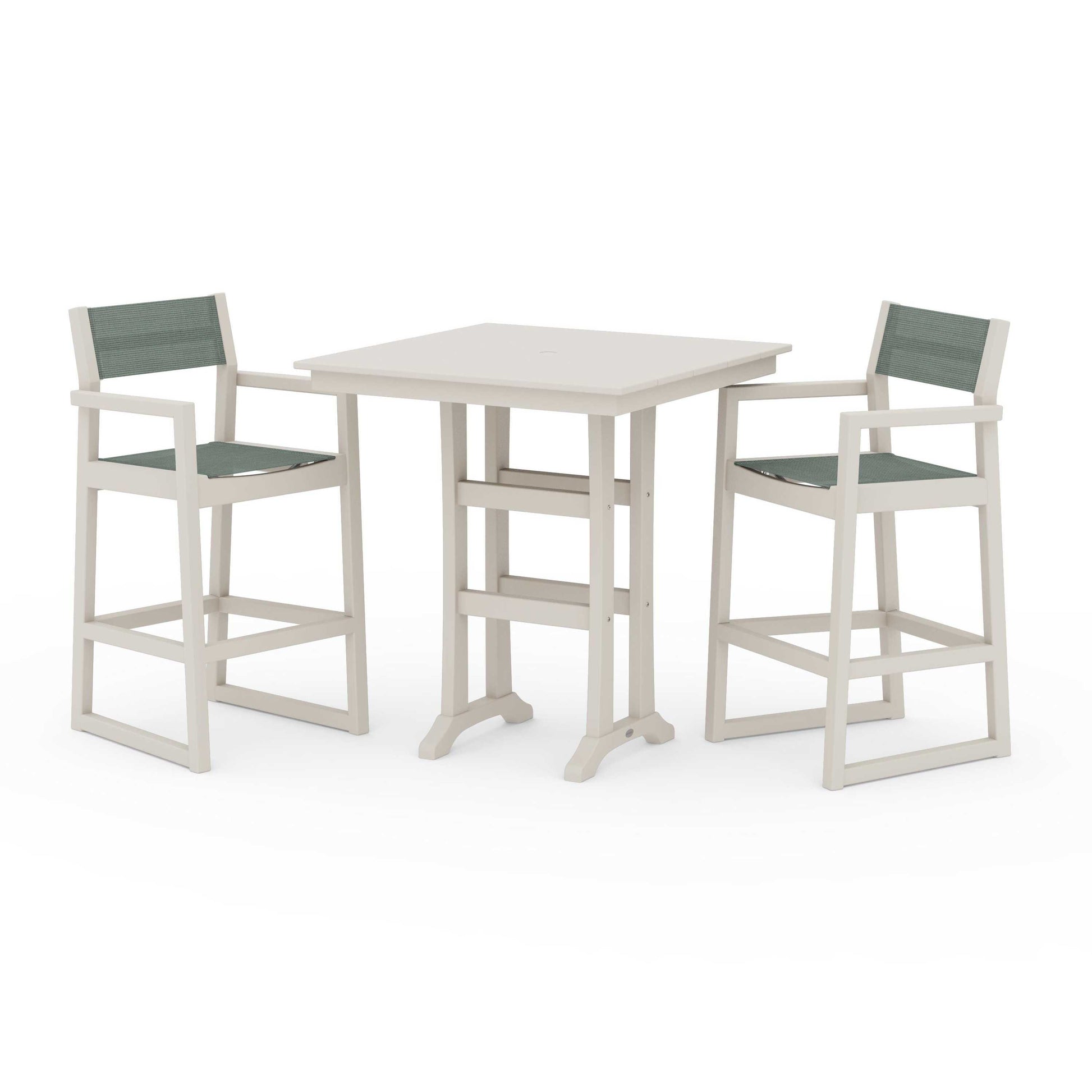 POLYWOOD EDGE Sling Arm Chair 3-Piece Farmhouse Bar Set with Trestle Legs — Sand / Dupioni Sea Mist Sling