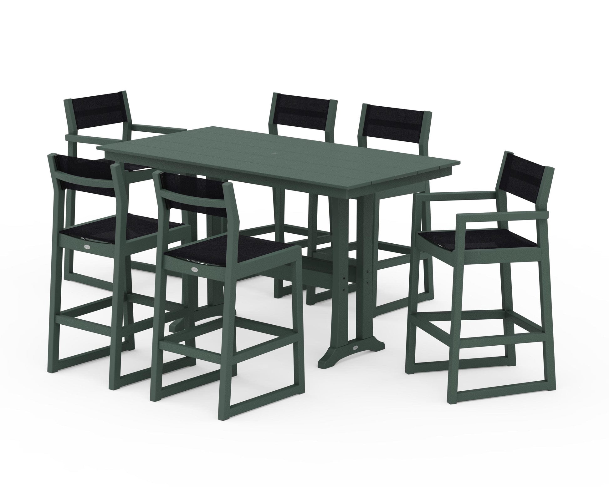 POLYWOOD EDGE Sling 7-Piece Farmhouse Bar Set with Trestle Legs — Green / Black Sling