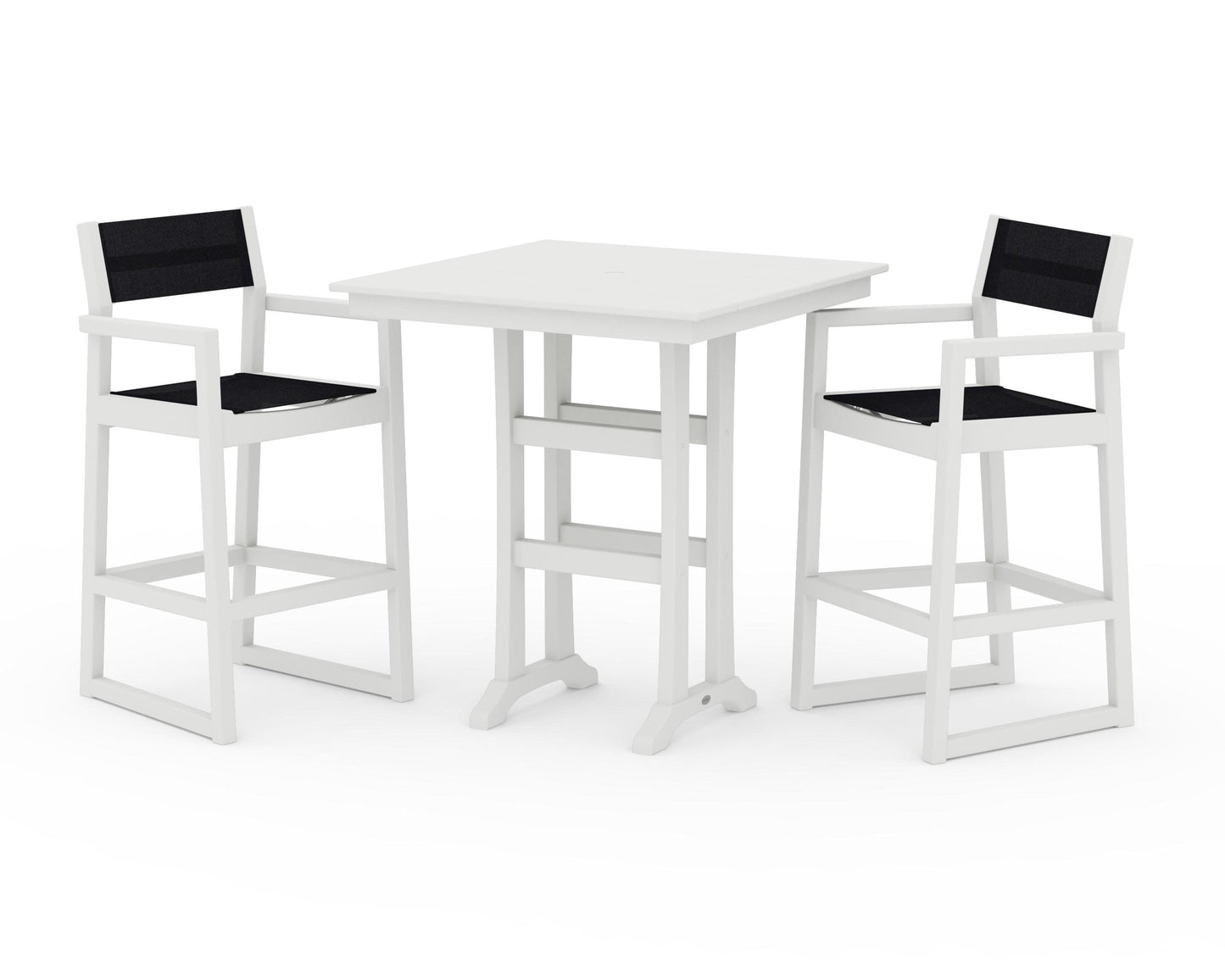 POLYWOOD EDGE Sling Arm Chair 3-Piece Farmhouse Bar Set with Trestle Legs — Vintage White / Black Sling