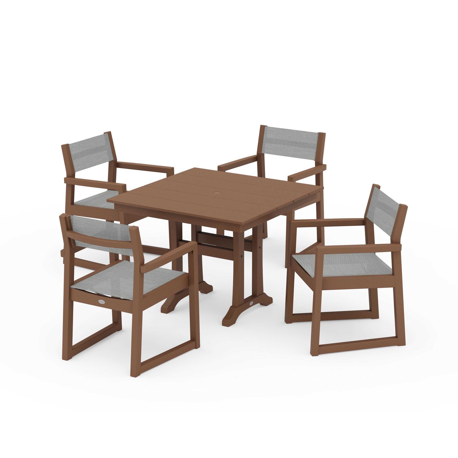 POLYWOOD EDGE Sling 5-Piece Farmhouse Dining Set with Trestle Legs — Teak / Metallic Sling