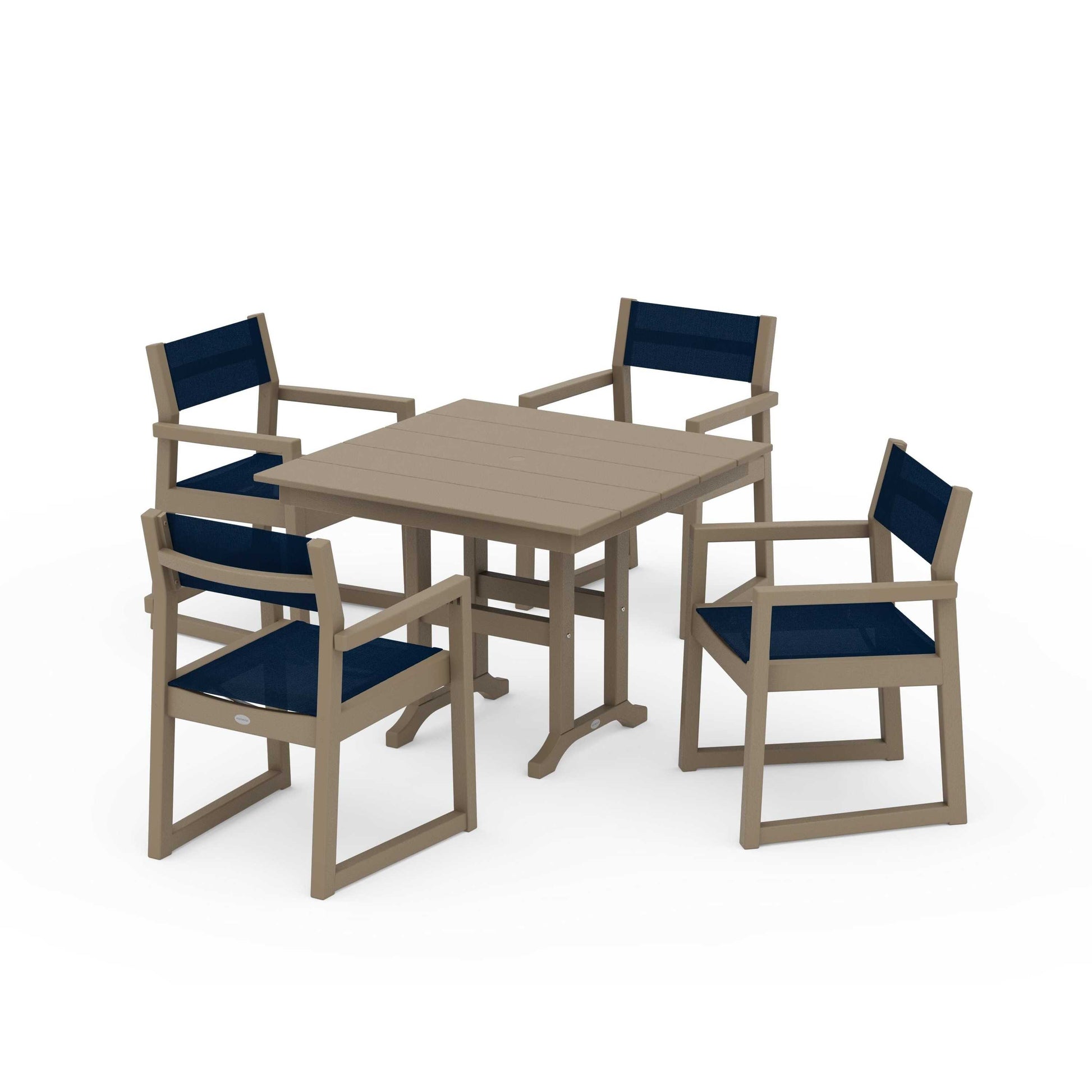 POLYWOOD EDGE Sling Arm Chair 5-Piece Farmhouse Dining Set — Vintage Sahara / Navy Blue Sling