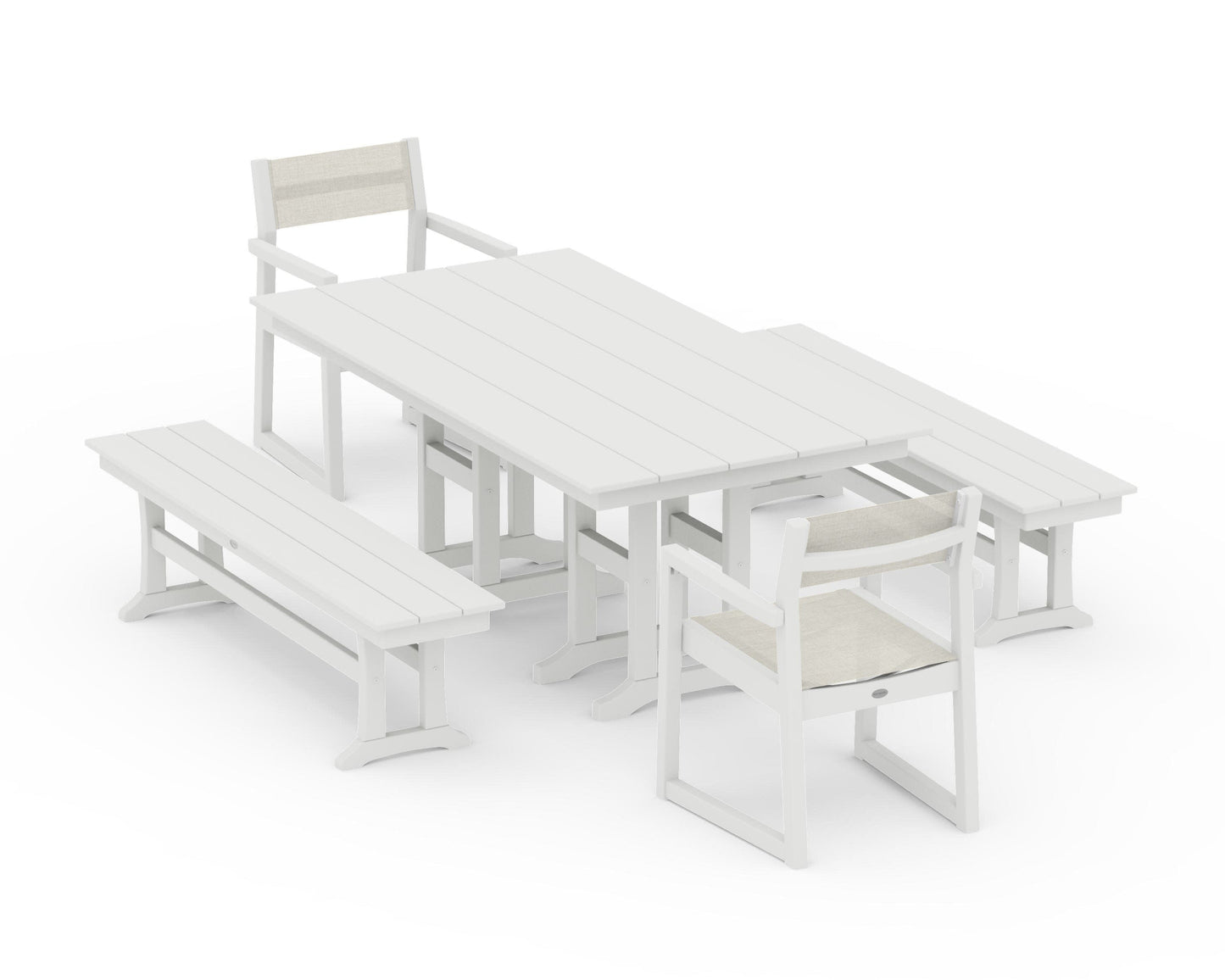 POLYWOOD EDGE Sling Arm Chair 5-Piece Farmhouse Dining Set with Benches — Vintage White / Parchment Sling