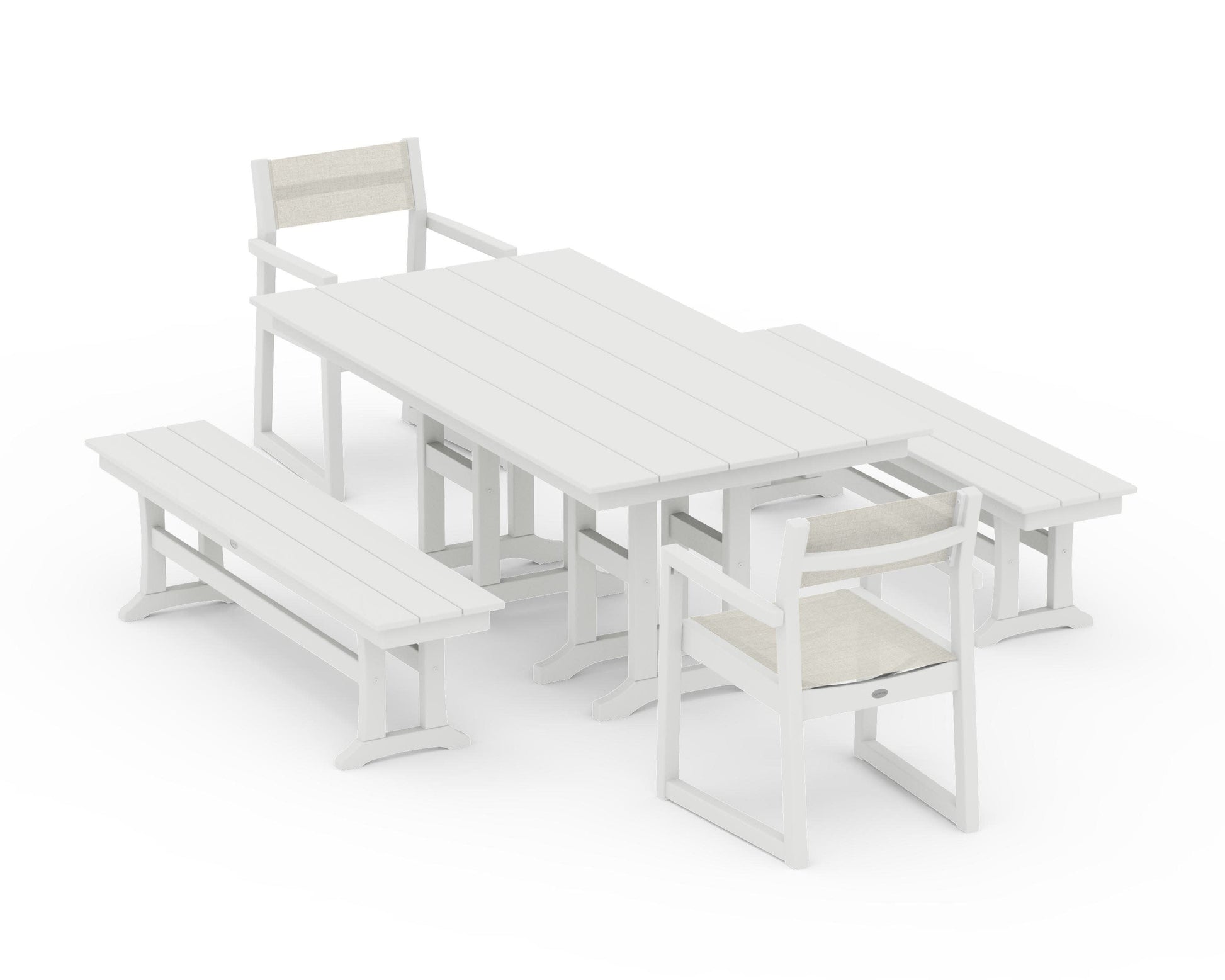 POLYWOOD EDGE Sling Arm Chair 5-Piece Farmhouse Dining Set with Benches — Vintage White / Parchment Sling
