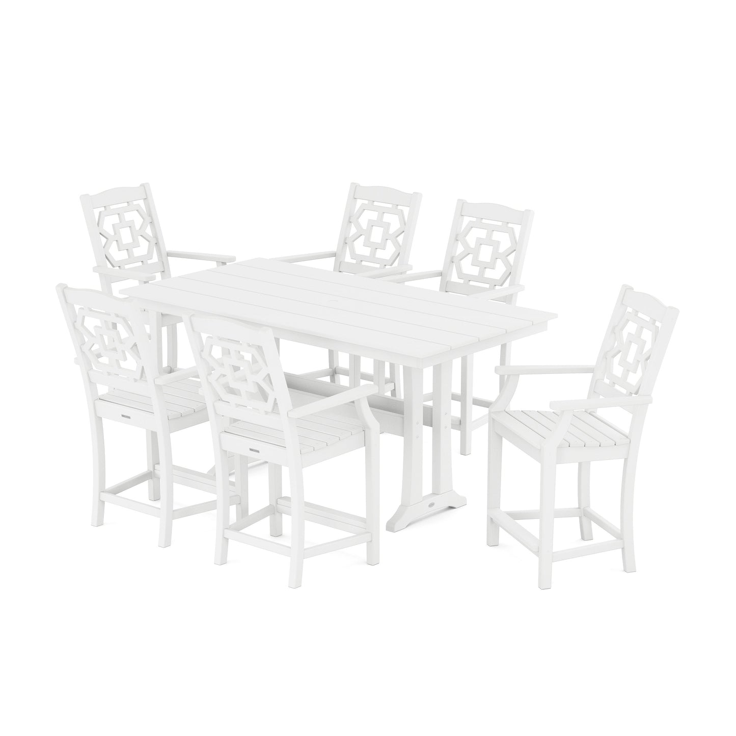 POLYWOOD Chinoiserie Arm Chair 7-Piece Farmhouse Counter Set with Trestle Legs — White