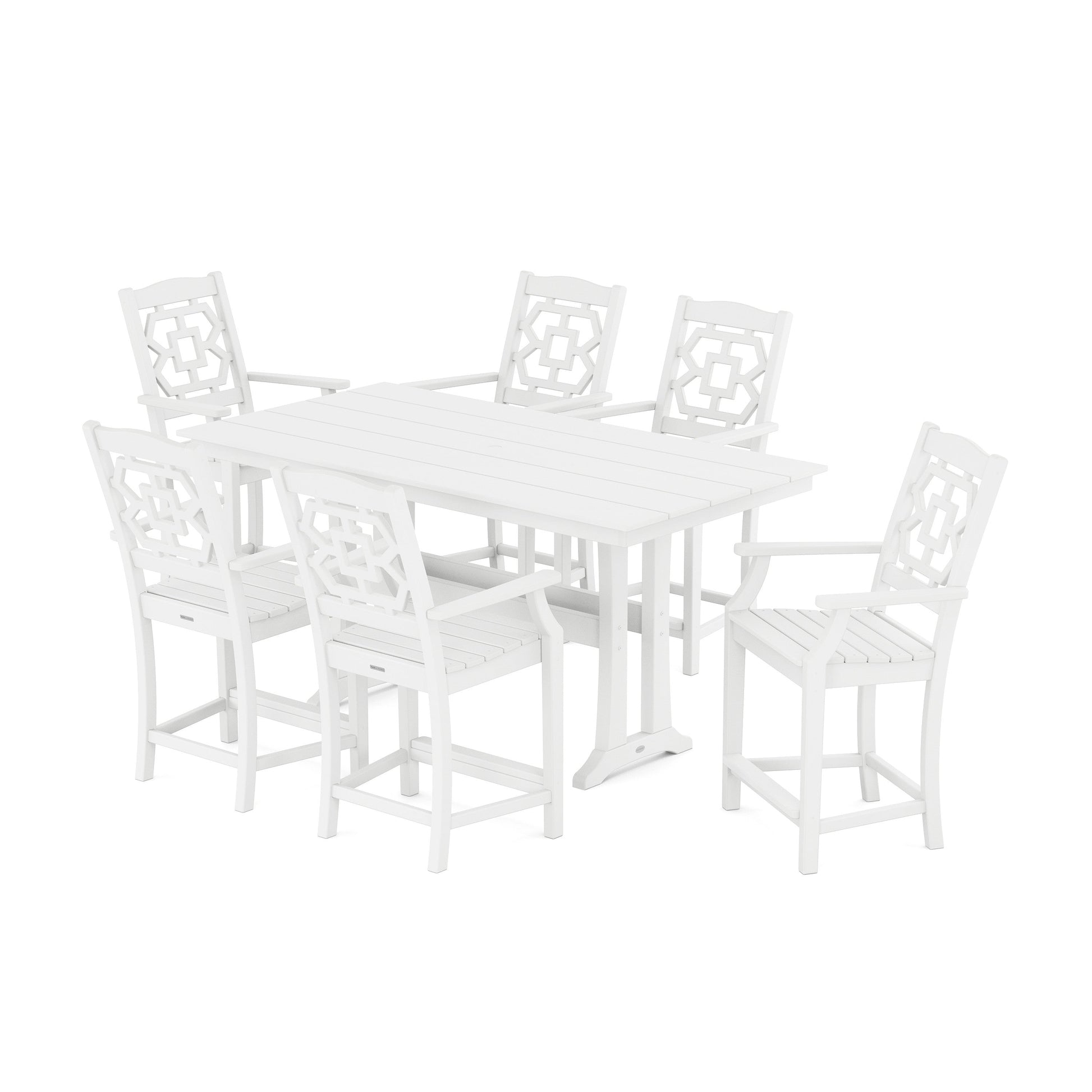 POLYWOOD Chinoiserie Arm Chair 7-Piece Farmhouse Counter Set with Trestle Legs — White
