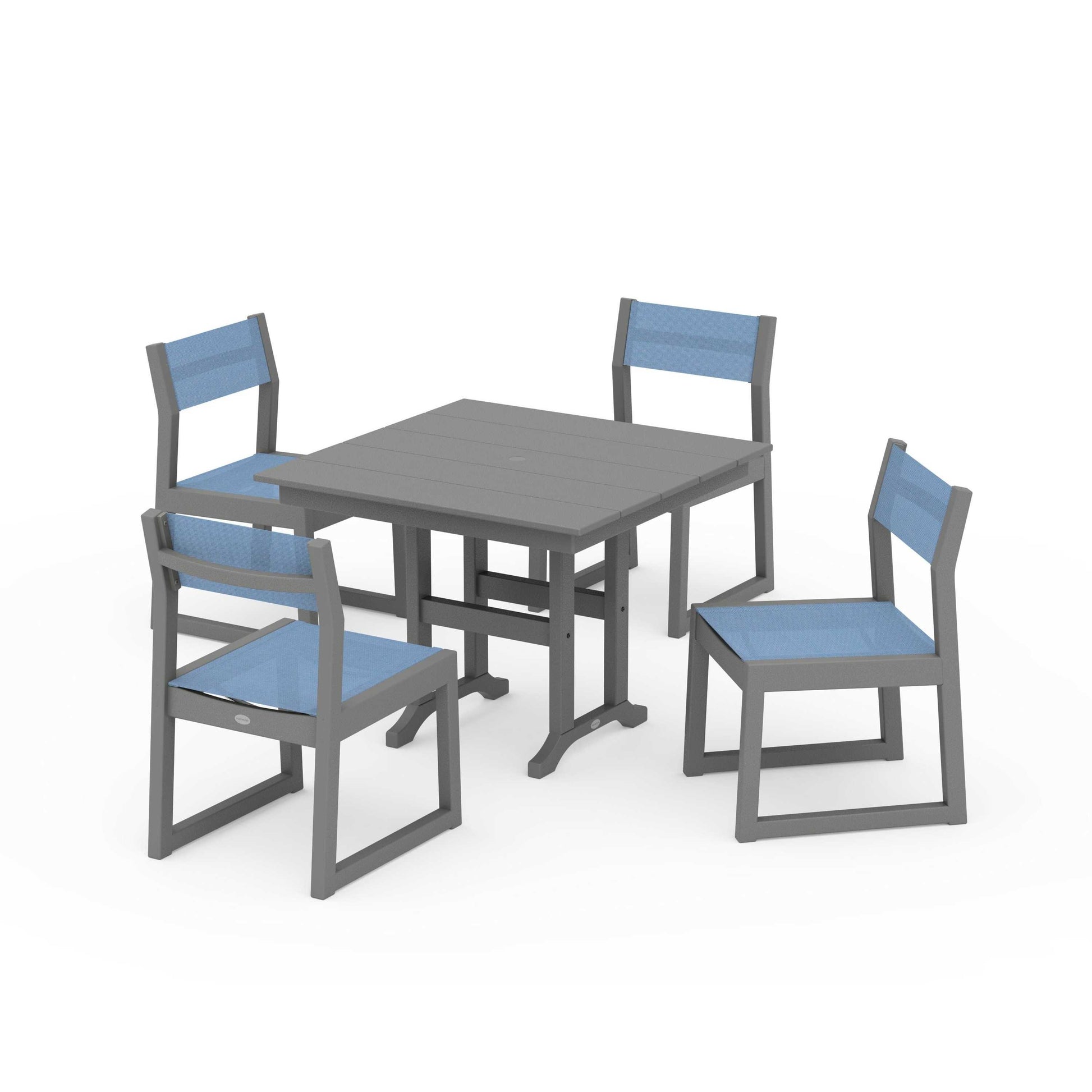 POLYWOOD EDGE Sling Side Chair 5-Piece Farmhouse Dining Set — Slate Grey / Poolside Sling